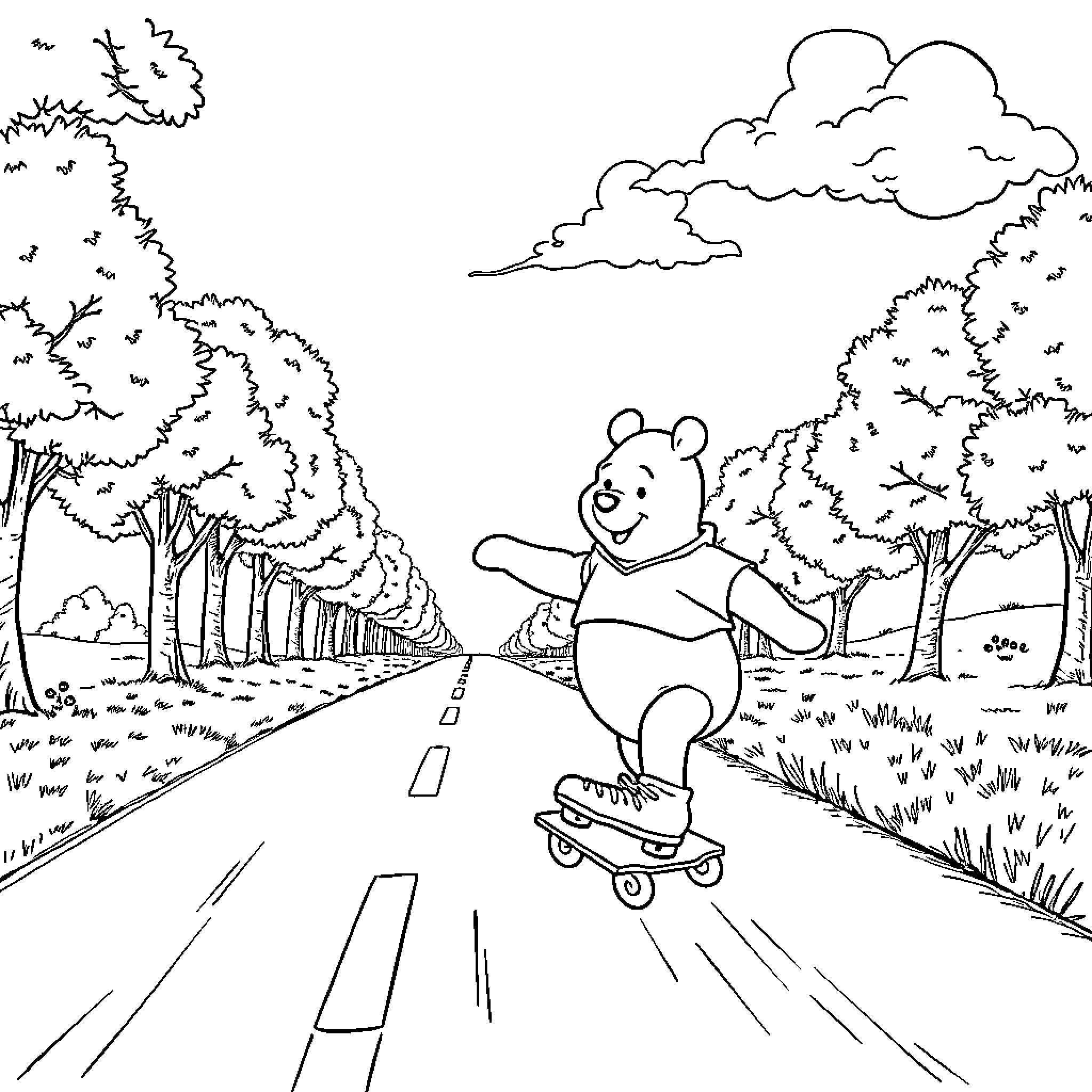 Winnie The Pooh enjoying a skateboard ride in the forest Coloring Page (free black-and-white line drawing printable PDF for all, from beginners to advanced learners, including children, teens, adults, and seniors)