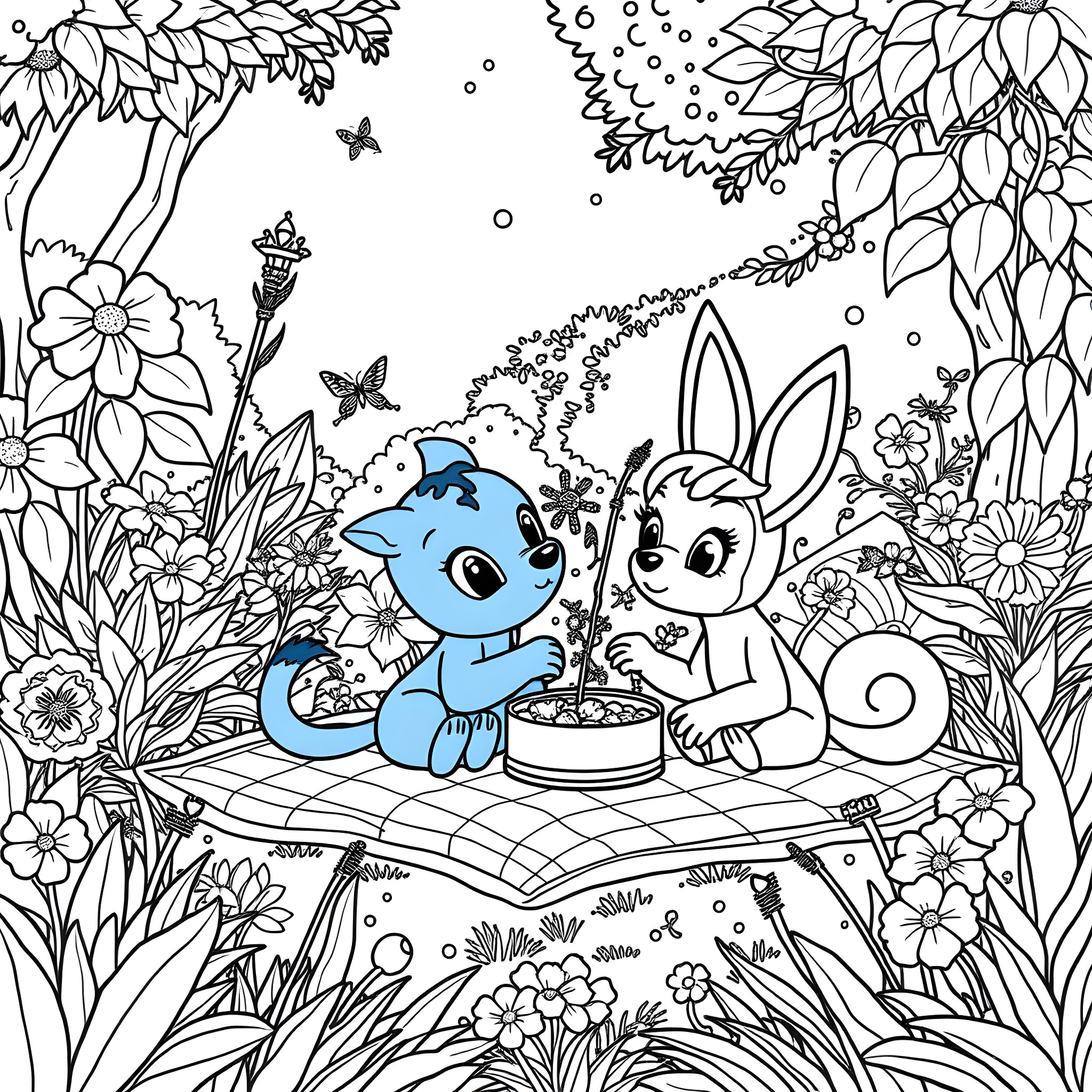 Bluey and Bingo in a Whimsical Nature Scene Coloring Page (free black-and-white line drawing printable PDF for all, from beginners to advanced learners, including children, teens, adults, and seniors)