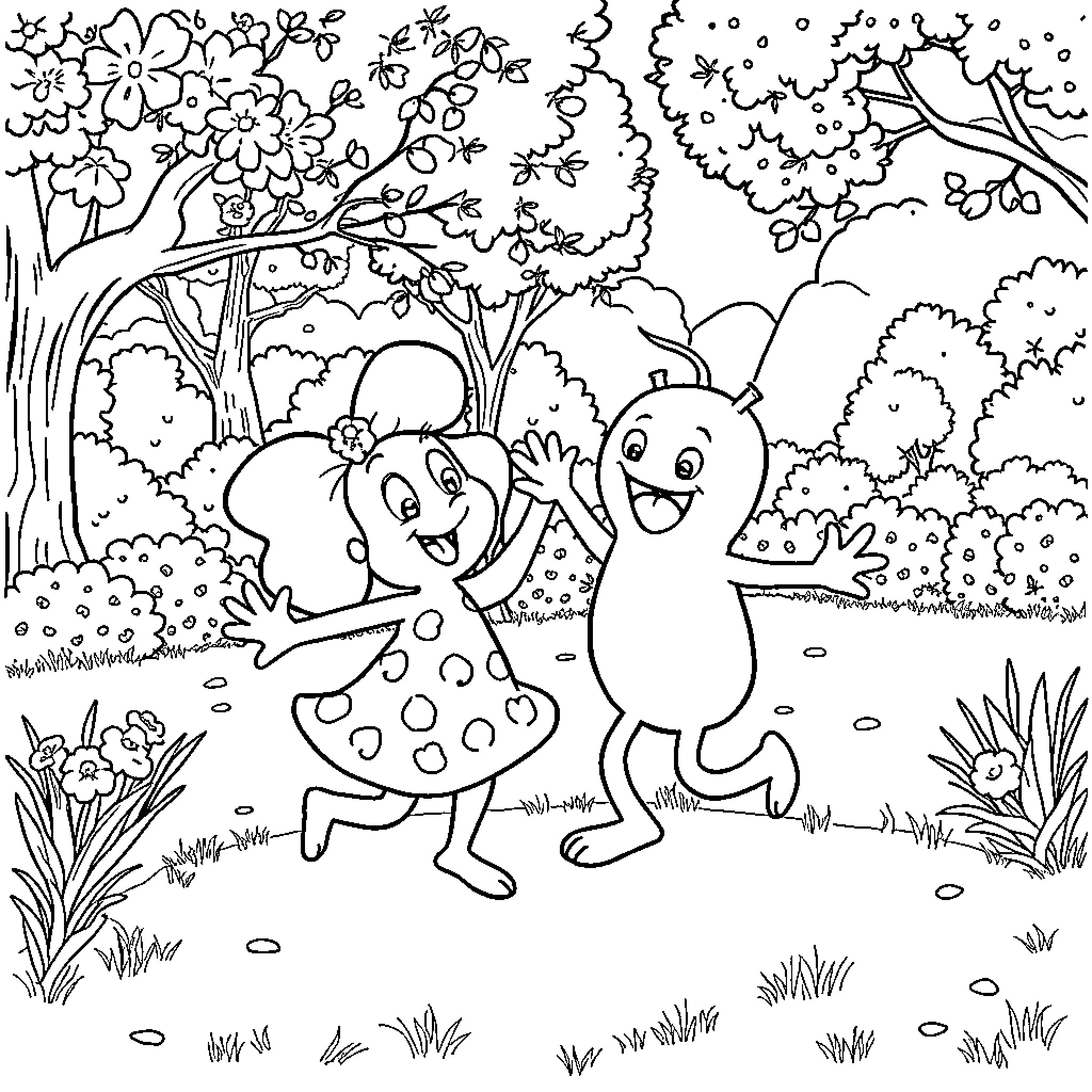 Plim Plim Playing and Exploring in the Enchanted Forest Coloring Page (free black-and-white line drawing printable PDF for all, from beginners to advanced learners, including children, teens, adults, and seniors)