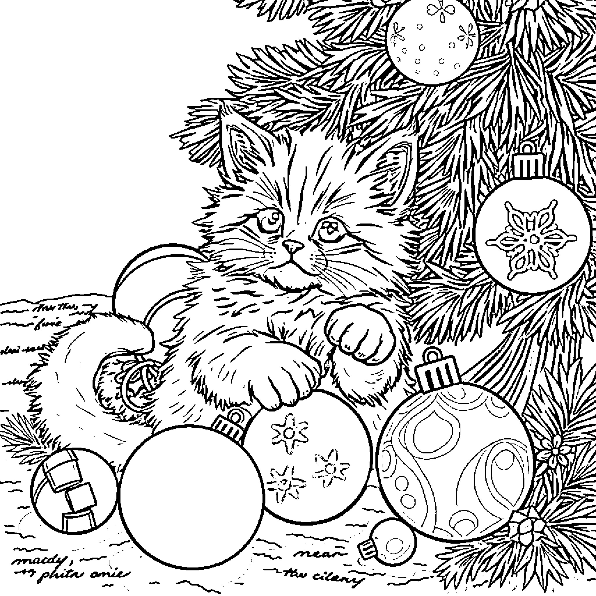 Kitten playing among Christmas ornaments Coloring Page (free black-and-white line drawing printable PDF for all, from beginners to advanced learners, including children, teens, adults, and seniors)