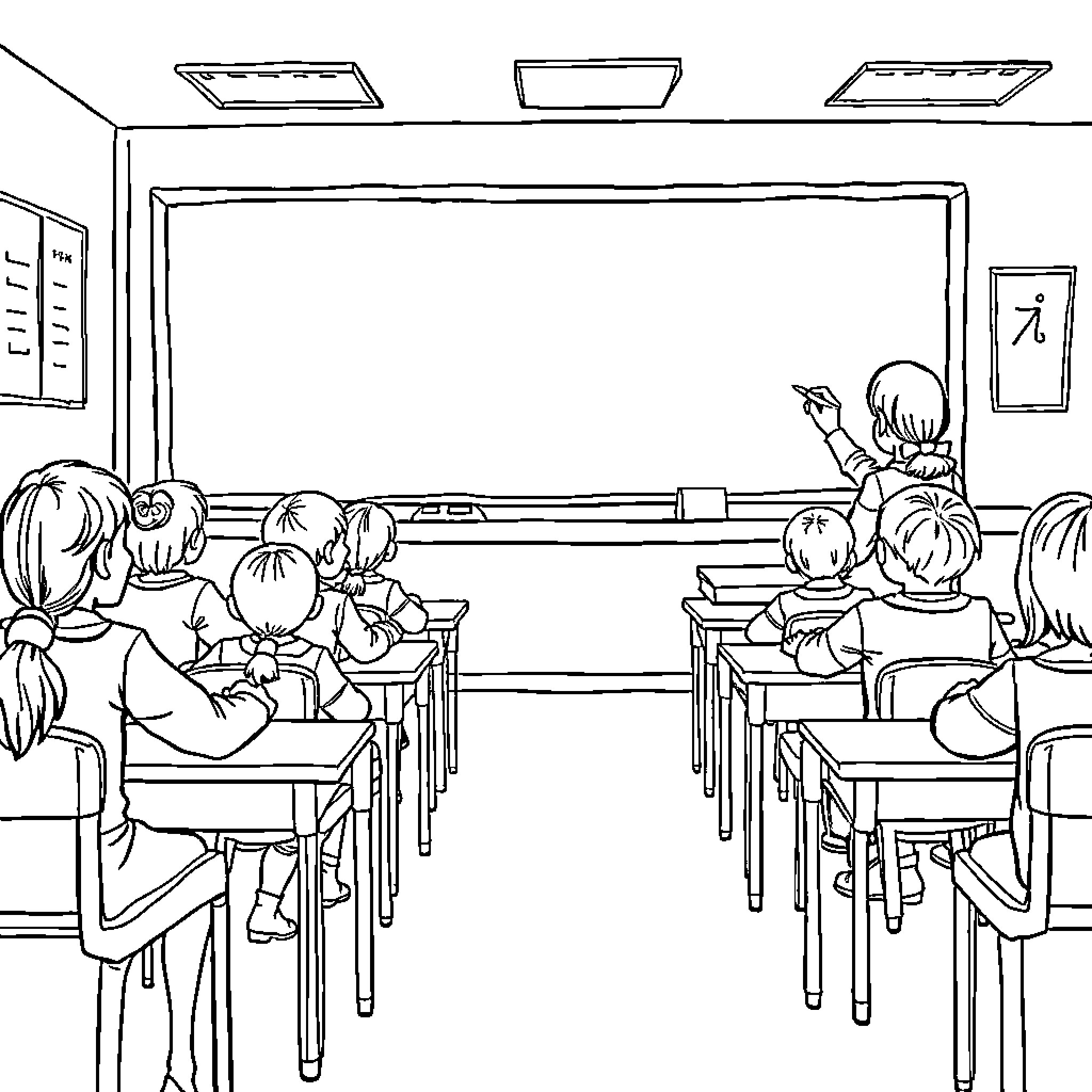School Classroom with Students Studying Coloring Page (free black-and-white line drawing printable PDF for all, from beginners to advanced learners, including children, teens, adults, and seniors)