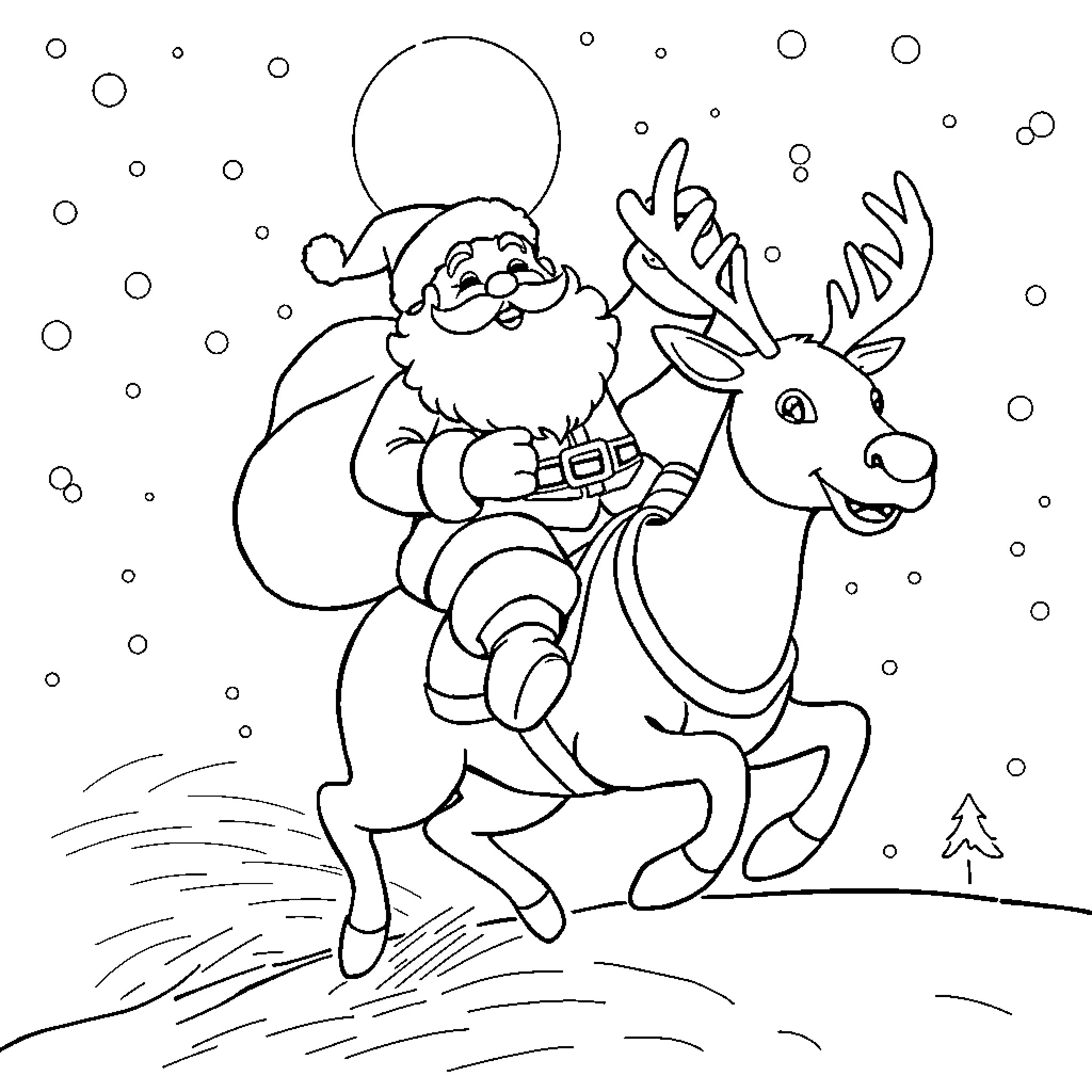 Santa Claus riding a reindeer in the snow Coloring Page (free black-and-white line drawing printable PDF for all, from beginners to advanced learners, including children, teens, adults, and seniors)
