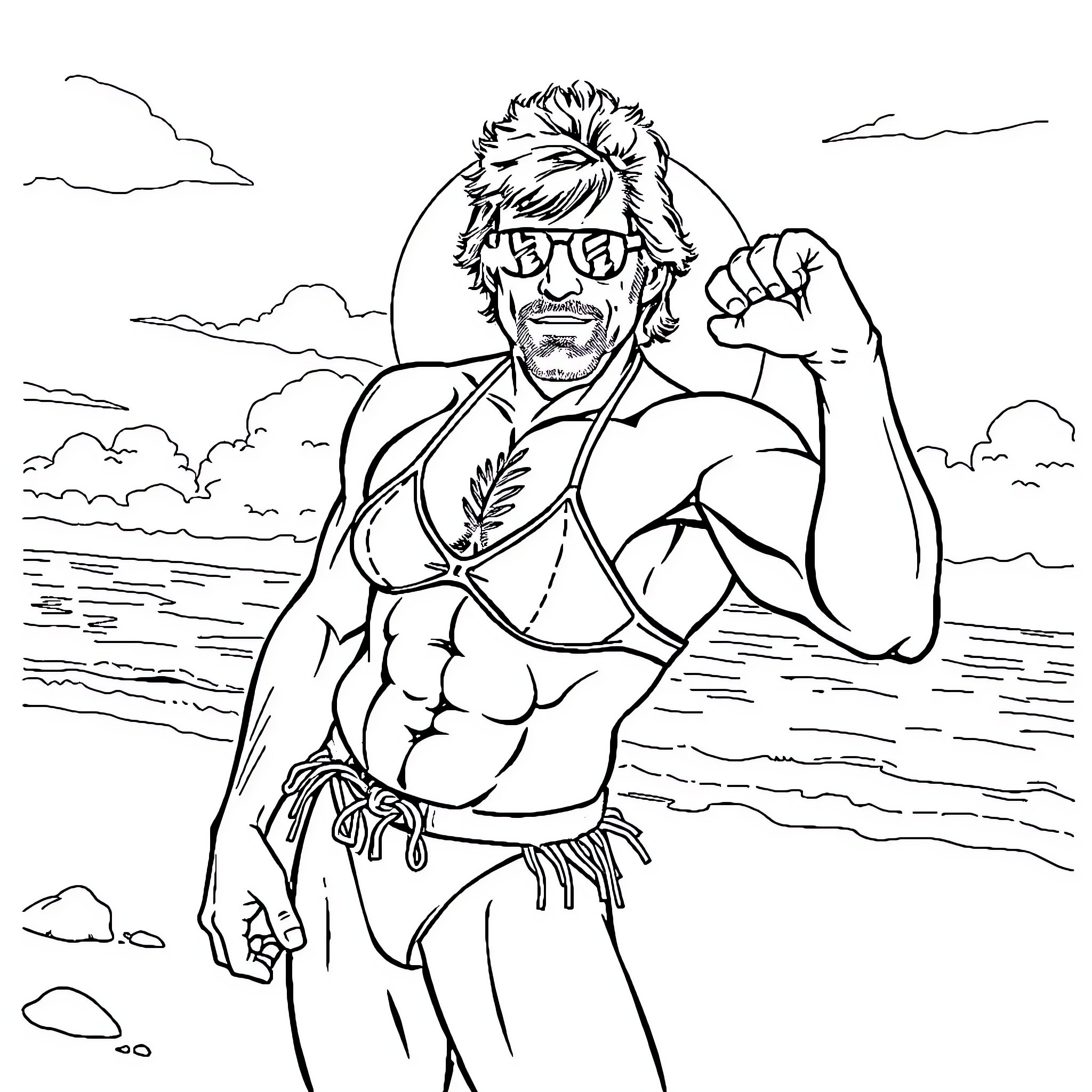 Chuck Norris as a rugged action hero in nature Coloring Page (free black-and-white line drawing printable PDF for all, from beginners to advanced learners, including children, teens, adults, and seniors)