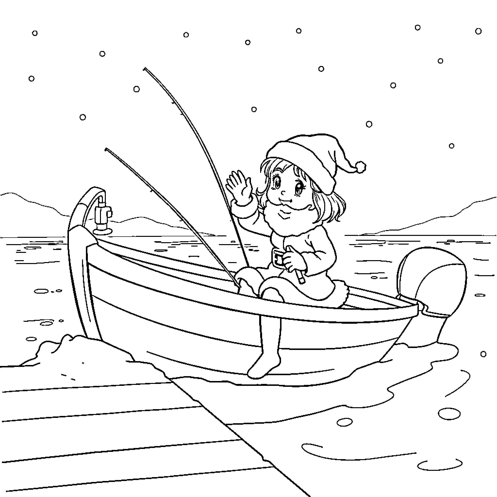 Girl fishing happily in a boat Coloring Page (free black-and-white line drawing printable PDF for all, from beginners to advanced learners, including children, teens, adults, and seniors)
