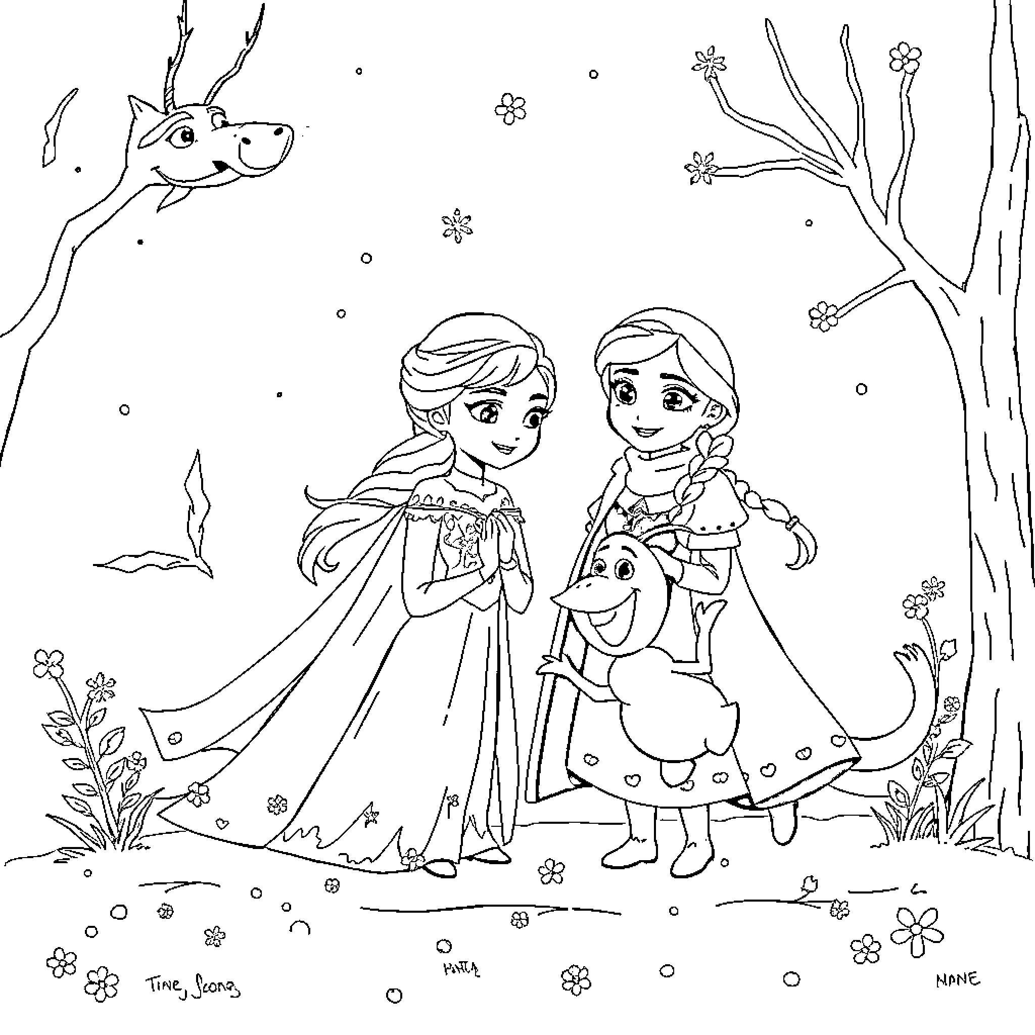 Animal Characters Playing in Wintery Wonderland Coloring Page (free black-and-white line drawing printable PDF for all, from beginners to advanced learners, including children, teens, adults, and seniors)