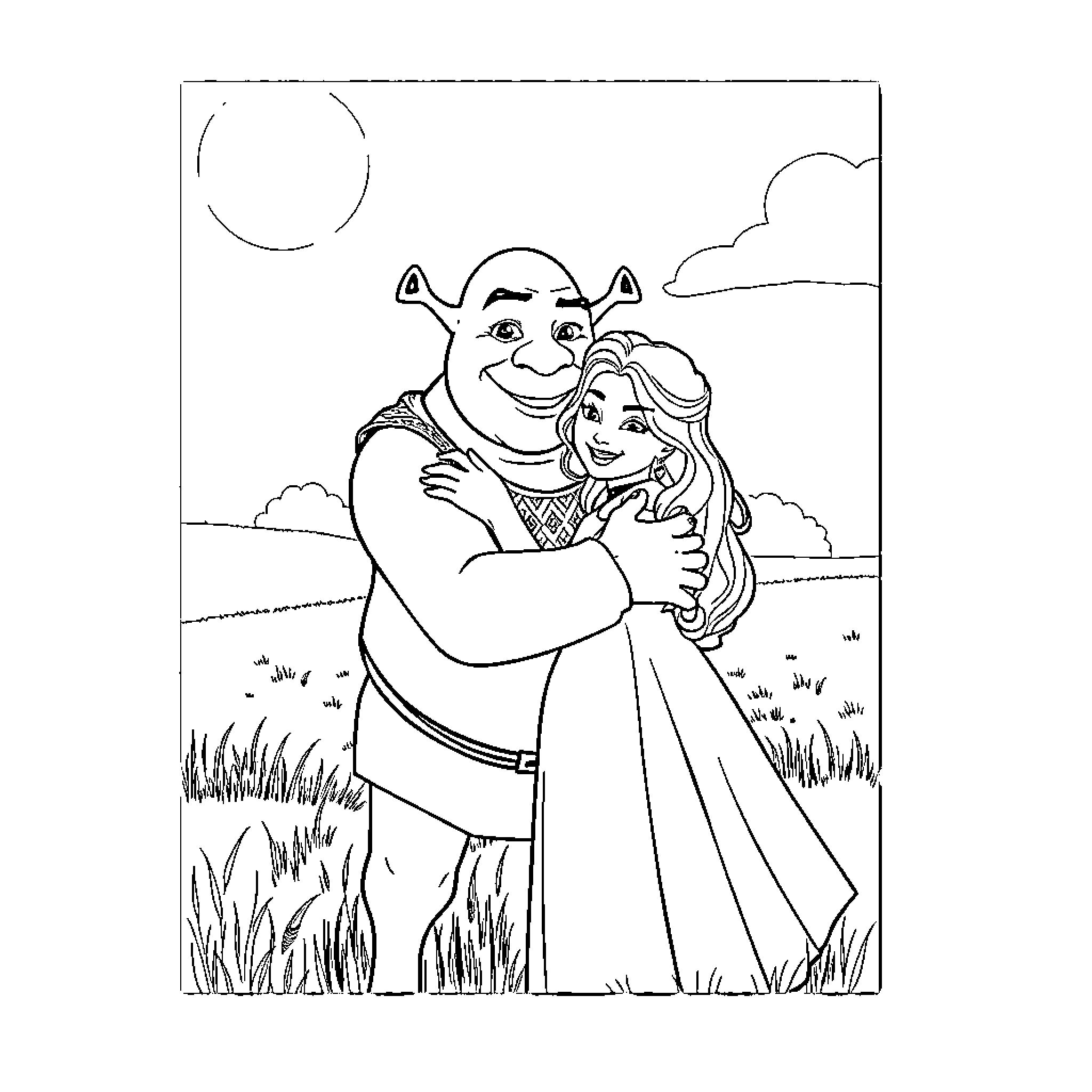 Shrek embracing Princess Fiona in the meadow Coloring Page (free black-and-white line drawing printable PDF for all, from beginners to advanced learners, including children, teens, adults, and seniors)