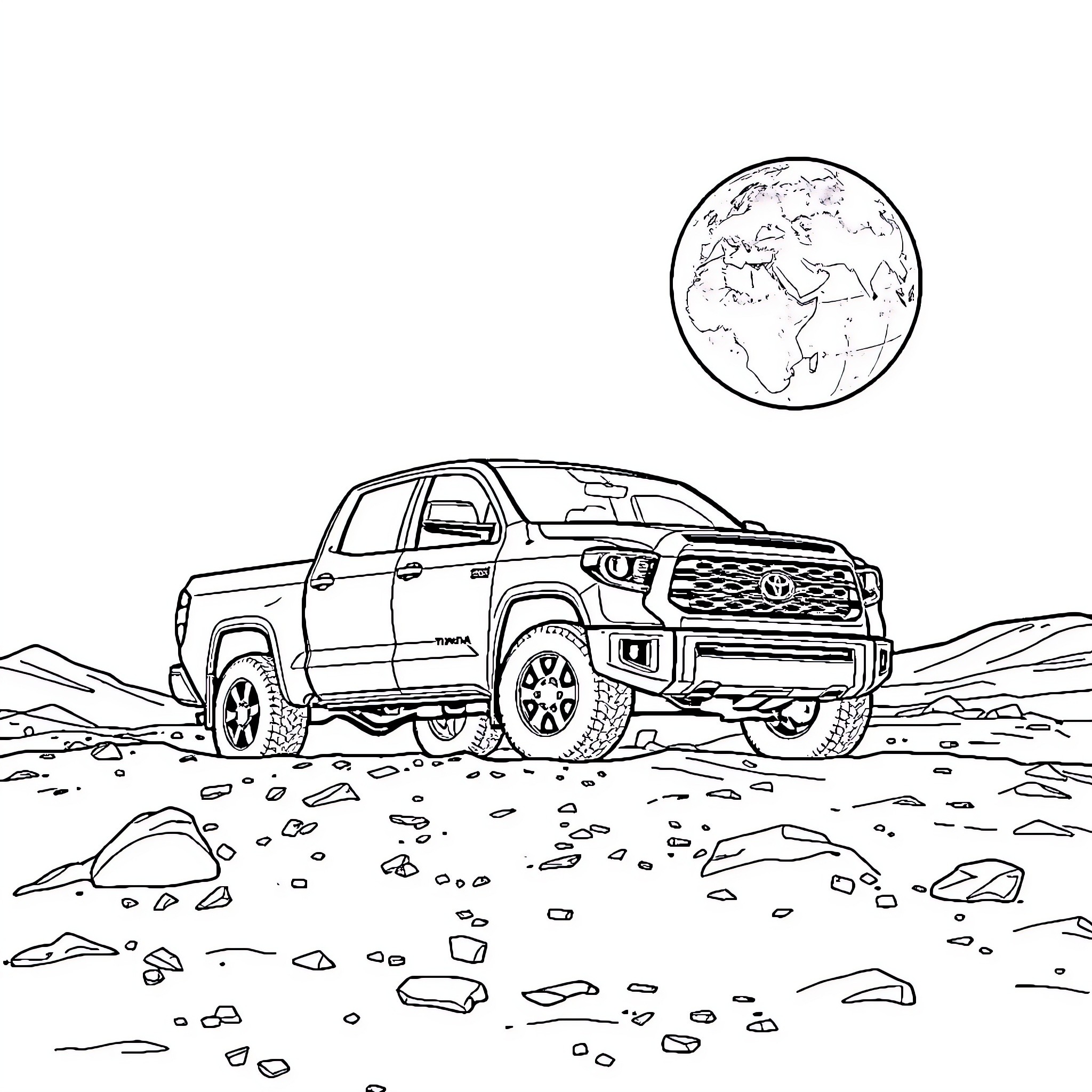 Toyota Tundra truck off-roading in rocky terrain Coloring Page (free black-and-white line drawing printable PDF for all, from beginners to advanced learners, including children, teens, adults, and seniors)