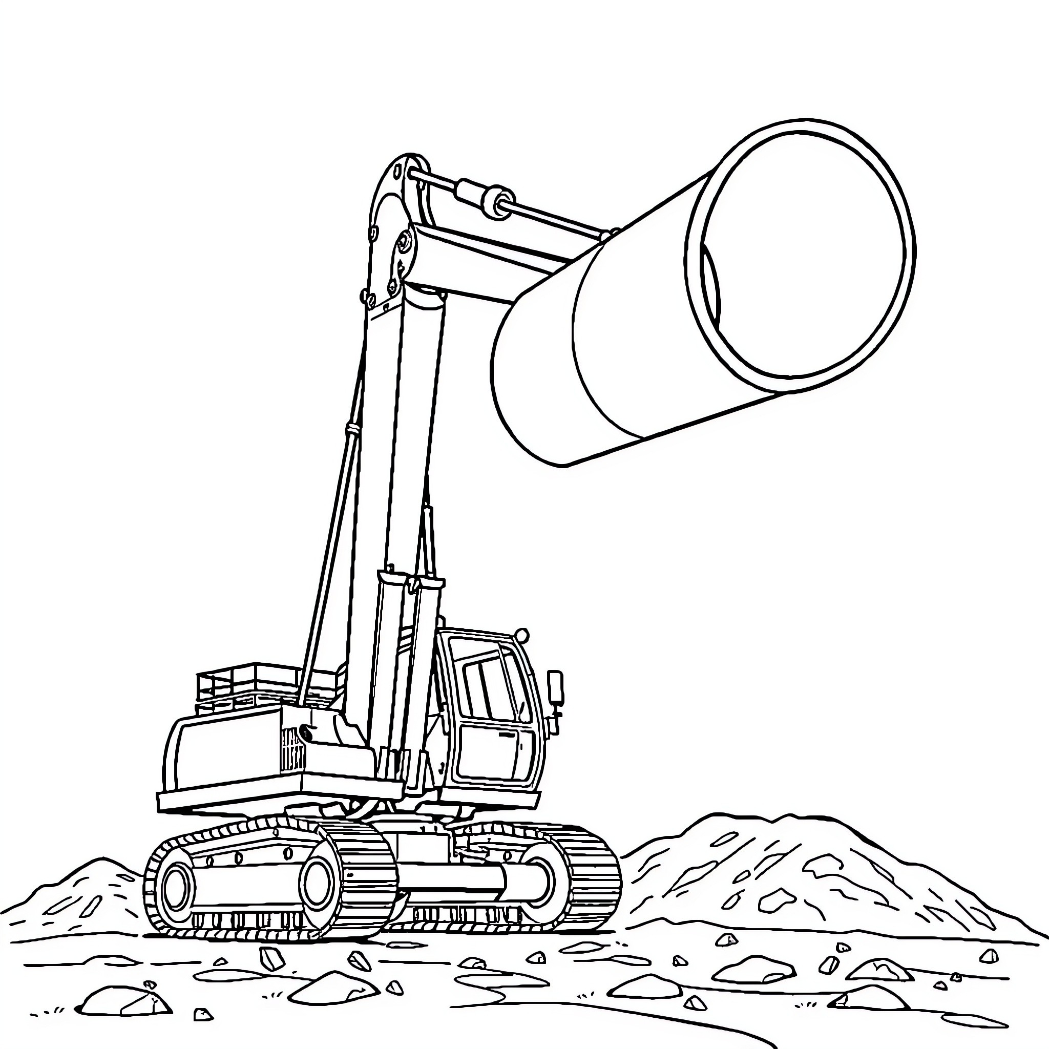 Excavator operating on rocky terrain Coloring Page (free black-and-white line drawing printable PDF for all, from beginners to advanced learners, including children, teens, adults, and seniors)