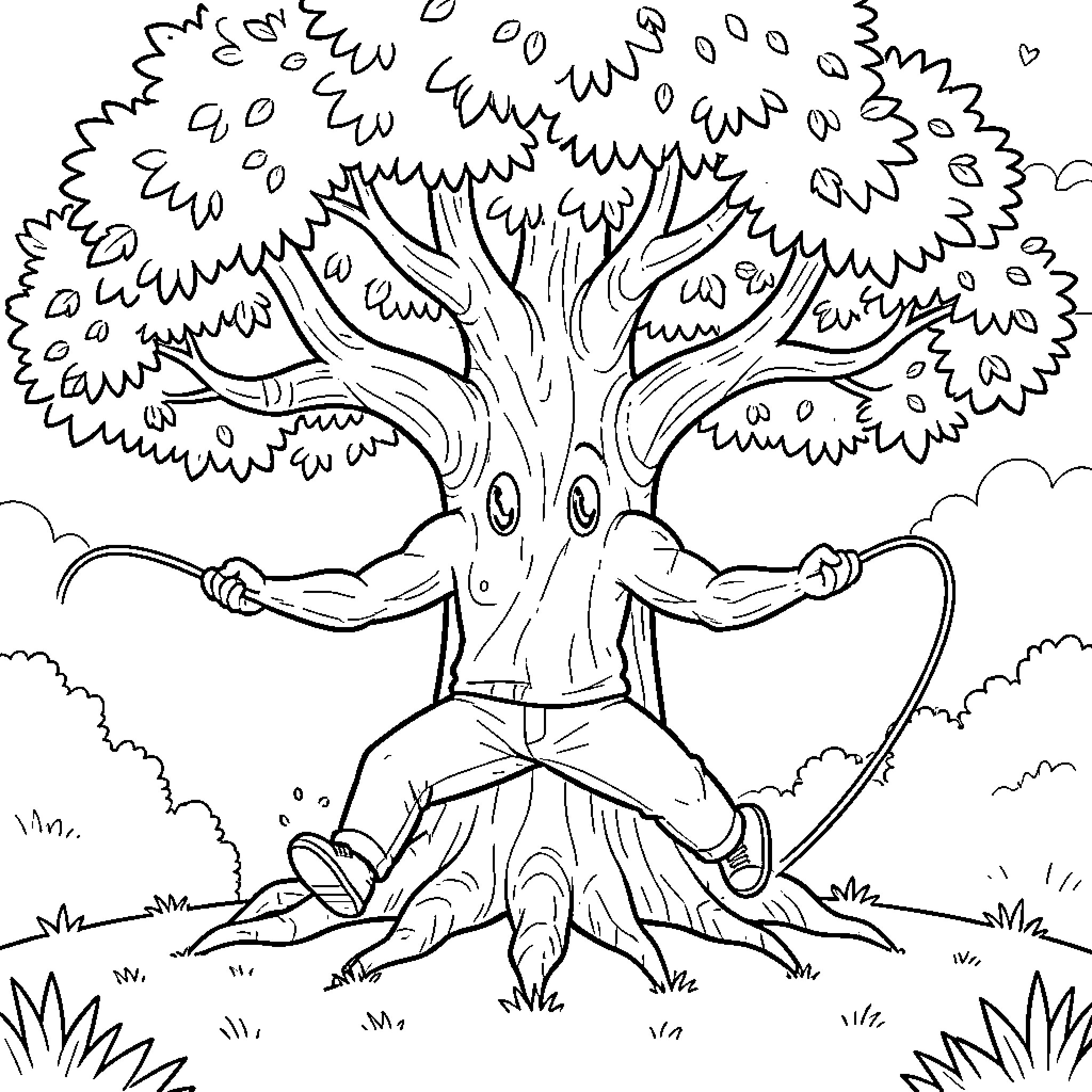 Tree creature with outstretched arms in nature Coloring Page (free black-and-white line drawing printable PDF for all, from beginners to advanced learners, including children, teens, adults, and seniors)