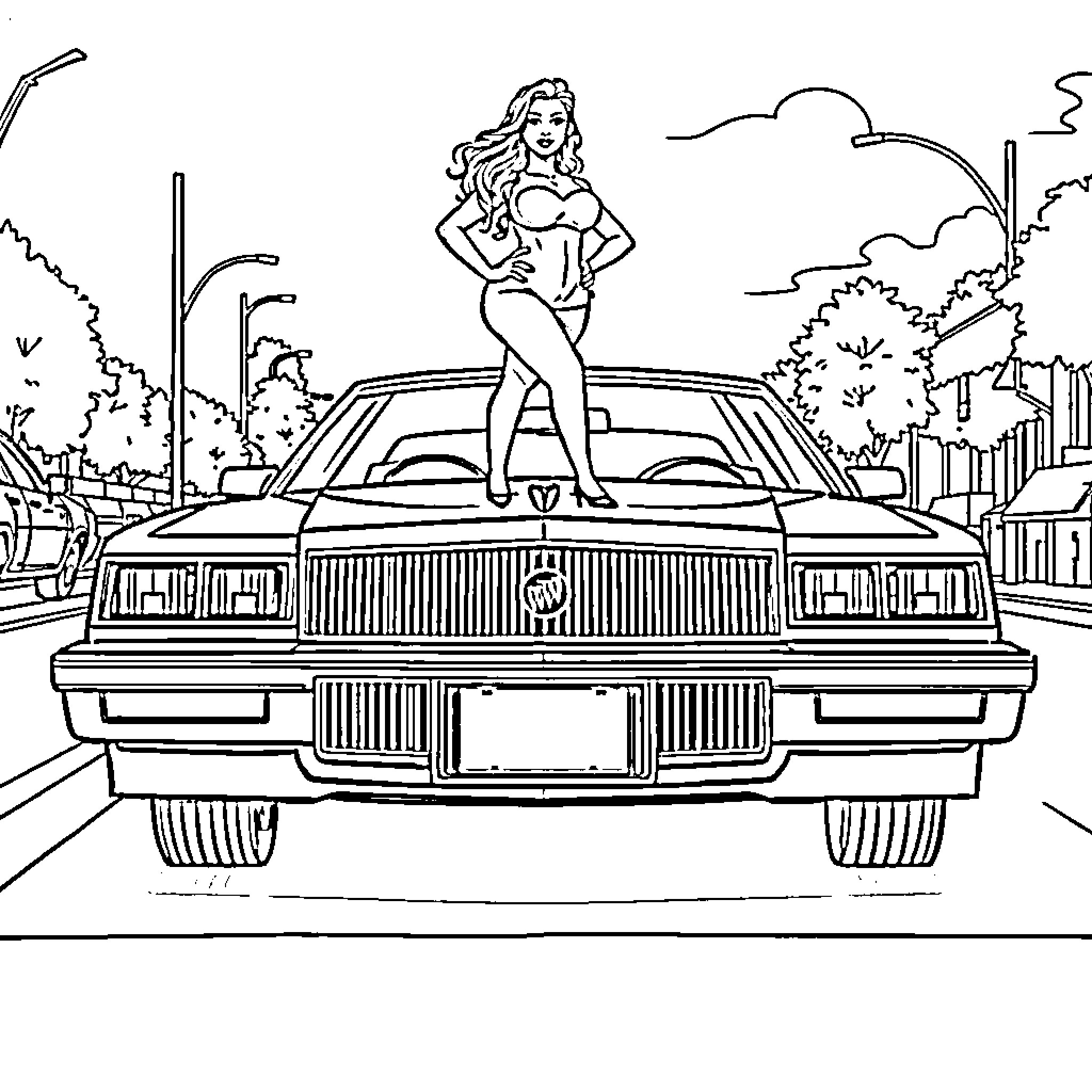 Buick car featured with a stylish woman posing on the roof Coloring Page (free black-and-white line drawing printable PDF for all, from beginners to advanced learners, including children, teens, adults, and seniors)