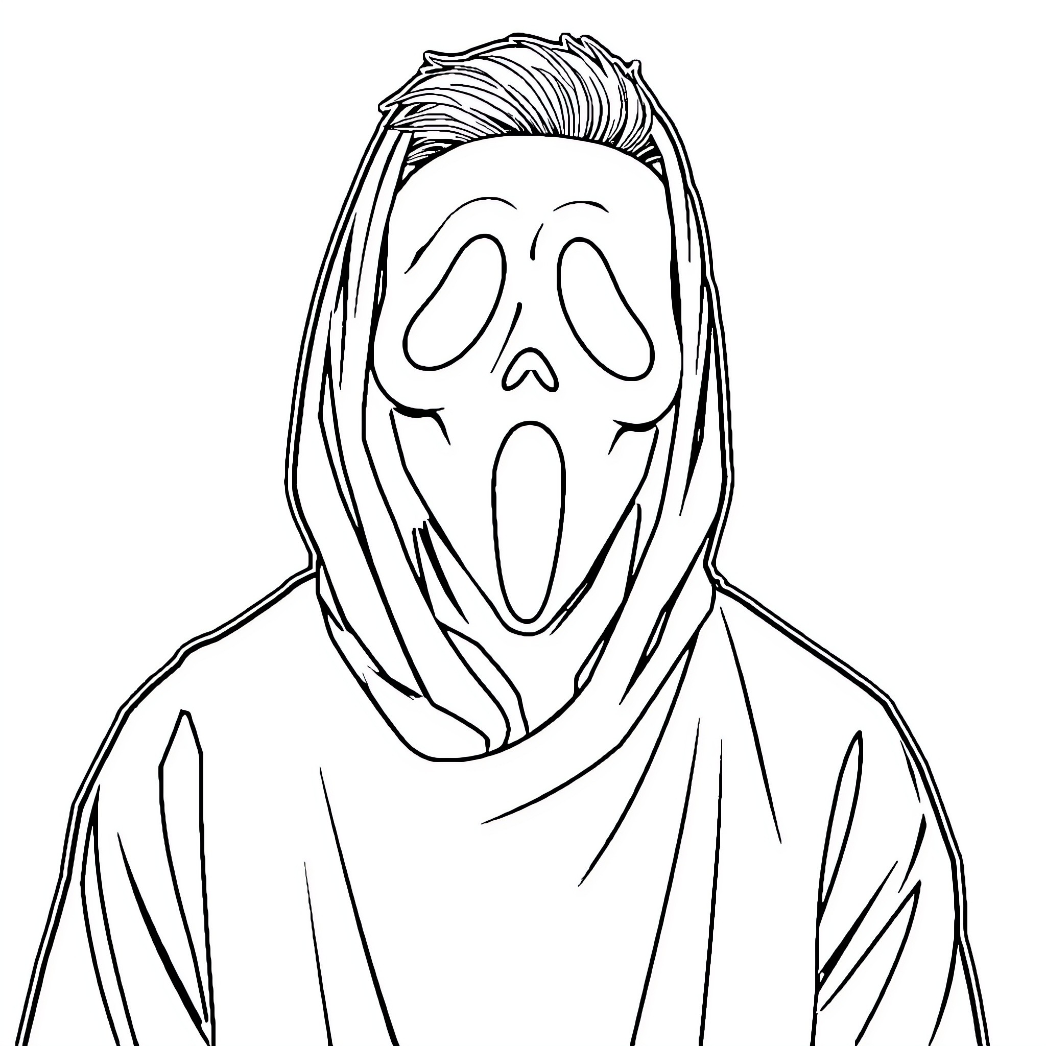 Justin Bieber Disguised in Frightening Mask Coloring Page (free black-and-white line drawing printable PDF for all, from beginners to advanced learners, including children, teens, adults, and seniors)