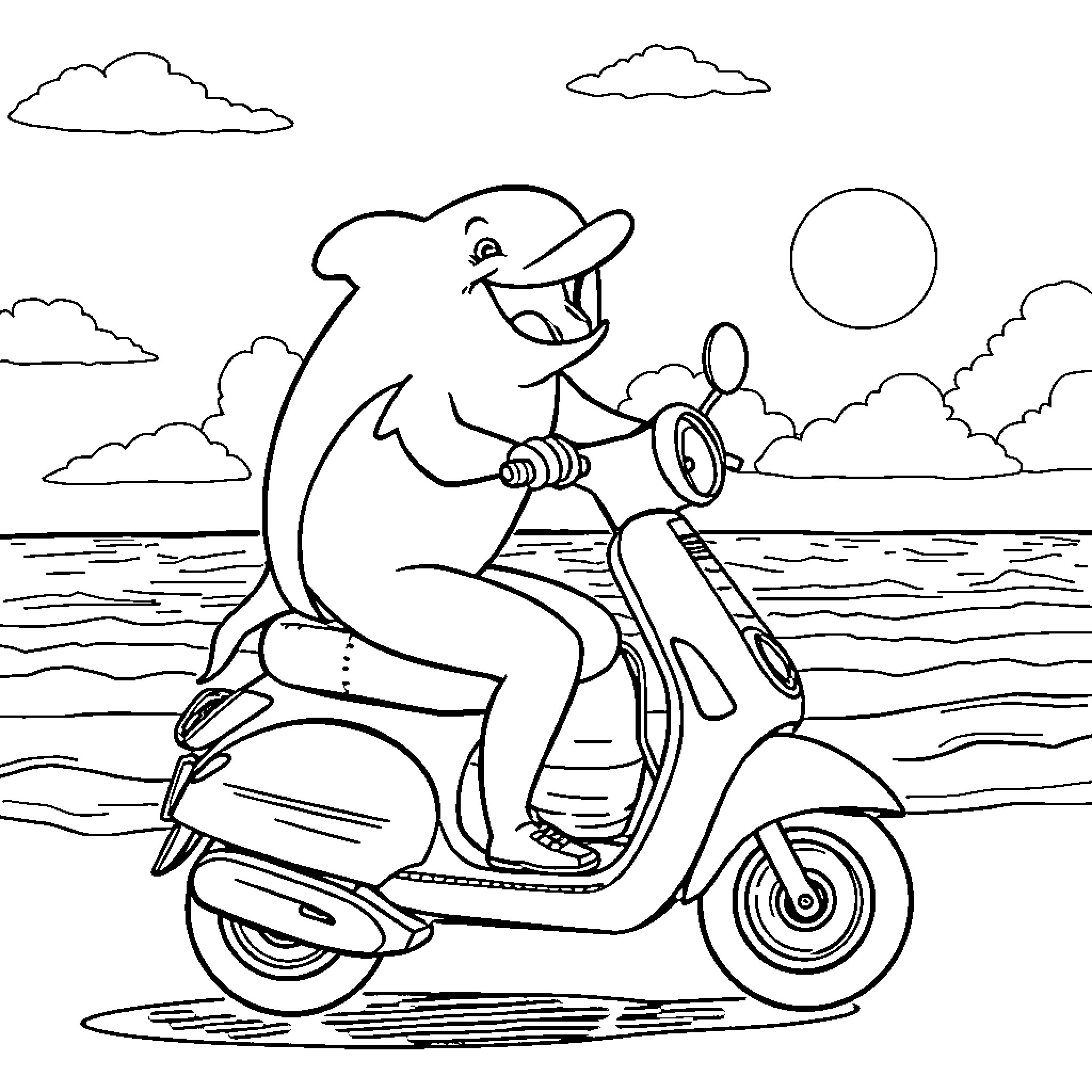 Dolphin riding a scooter by the sea Coloring Page (free black-and-white line drawing printable PDF for all, from beginners to advanced learners, including children, teens, adults, and seniors)