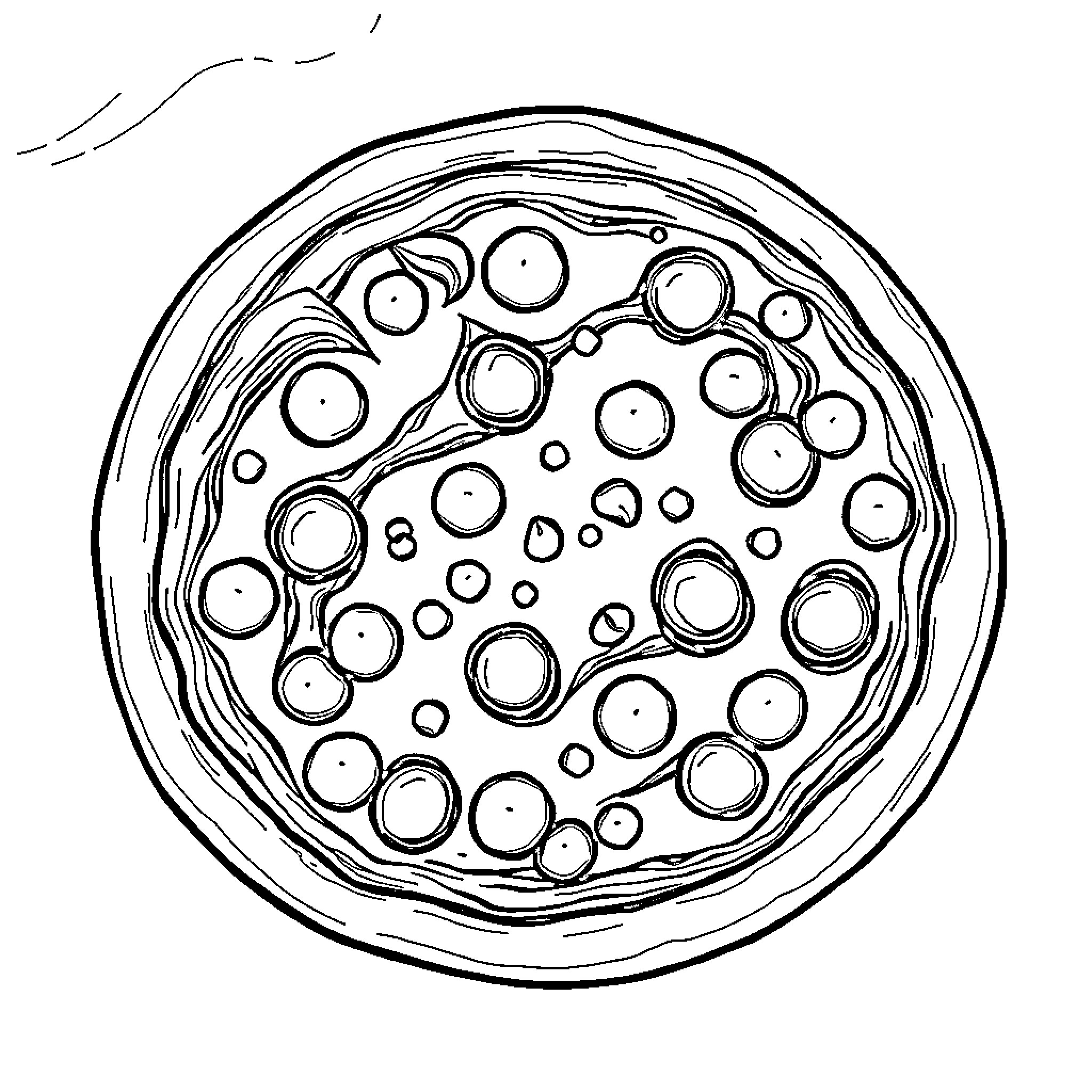 Pizza with playful bubbles Coloring Page (free black-and-white line drawing printable PDF for all, from beginners to advanced learners, including children, teens, adults, and seniors)