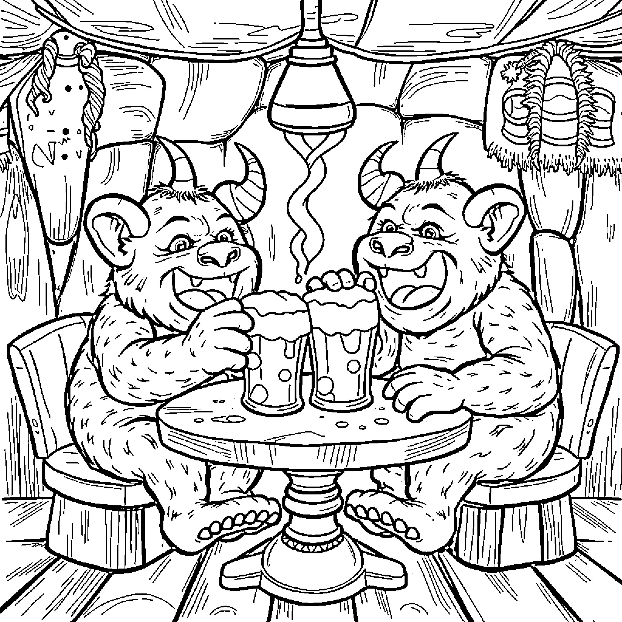 Gummy Bear Trolls Enjoying Drinks Together Coloring Page (free black-and-white line drawing printable PDF for all, from beginners to advanced learners, including children, teens, adults, and seniors)