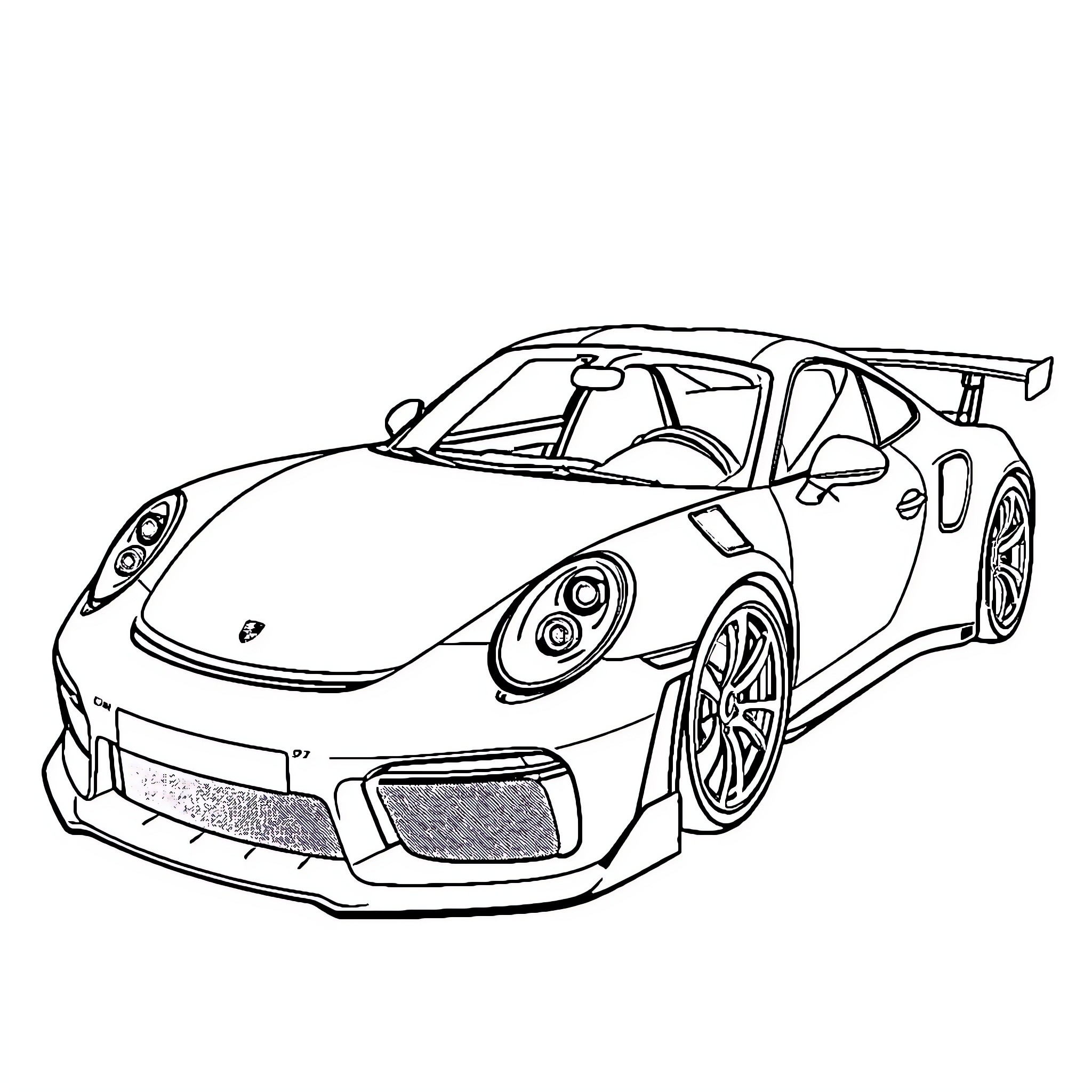 Porsche racecar with aggressive styling Coloring Page (free black-and-white line drawing printable PDF for all, from beginners to advanced learners, including children, teens, adults, and seniors)