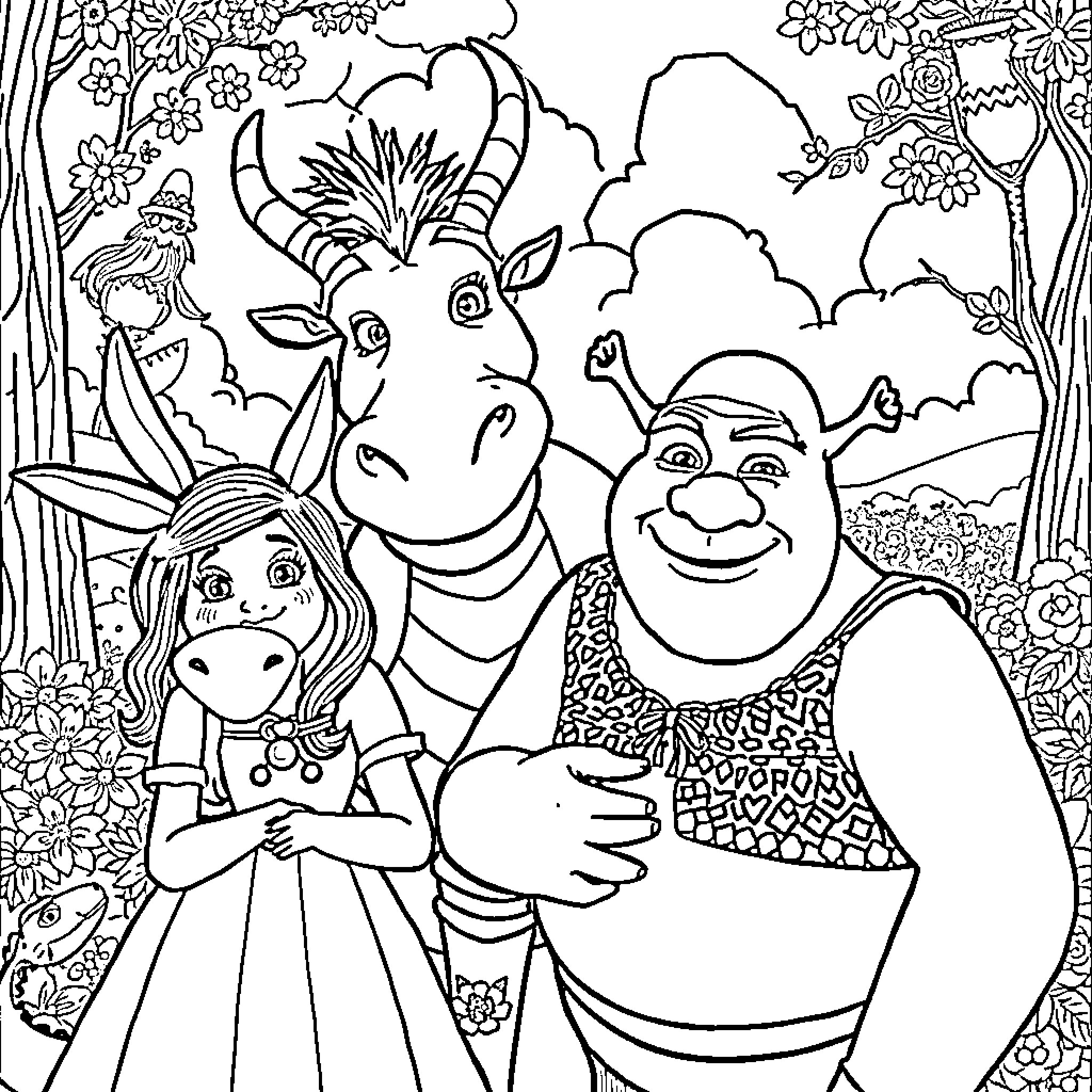 Shrek and friends enjoying a day in the enchanted forest Coloring Page (free black-and-white line drawing printable PDF for all, from beginners to advanced learners, including children, teens, adults, and seniors)