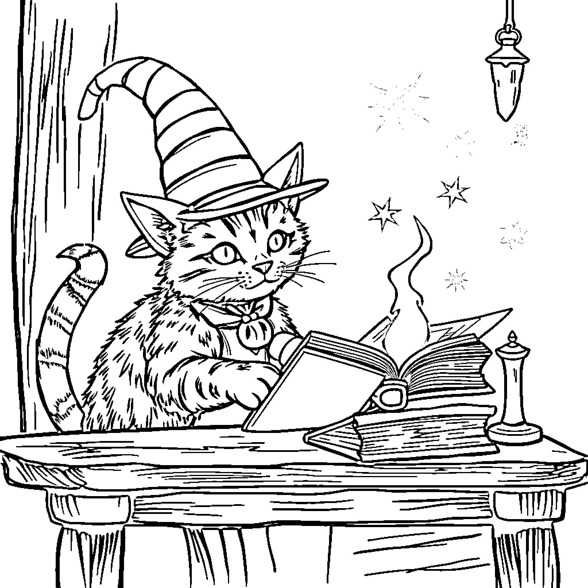 Cat studying magic in a cozy study Coloring Page (free black-and-white line drawing printable PDF for all, from beginners to advanced learners, including children, teens, adults, and seniors)