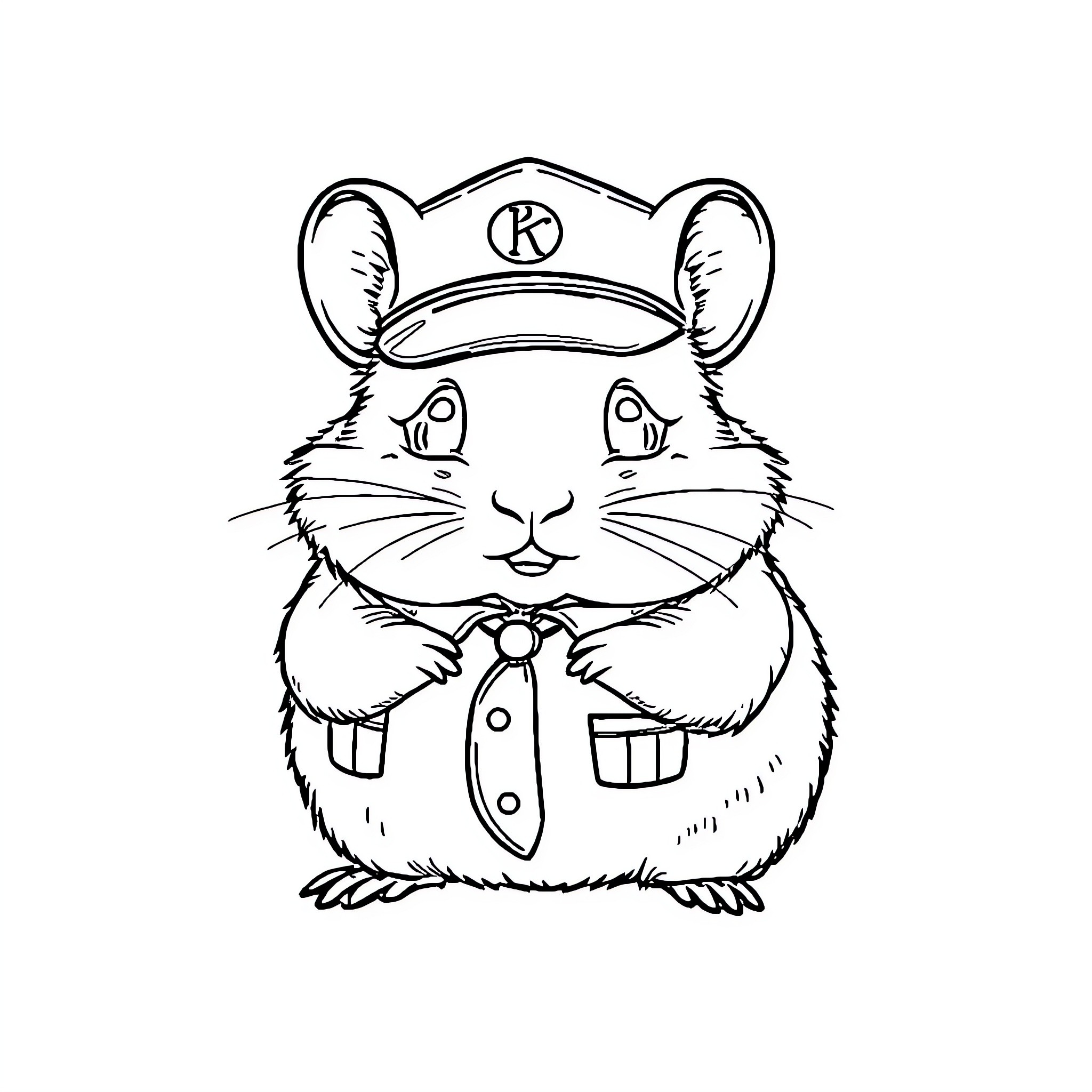 Hamster wearing a police officer's cap Coloring Page (free black-and-white line drawing printable PDF for all, from beginners to advanced learners, including children, teens, adults, and seniors)