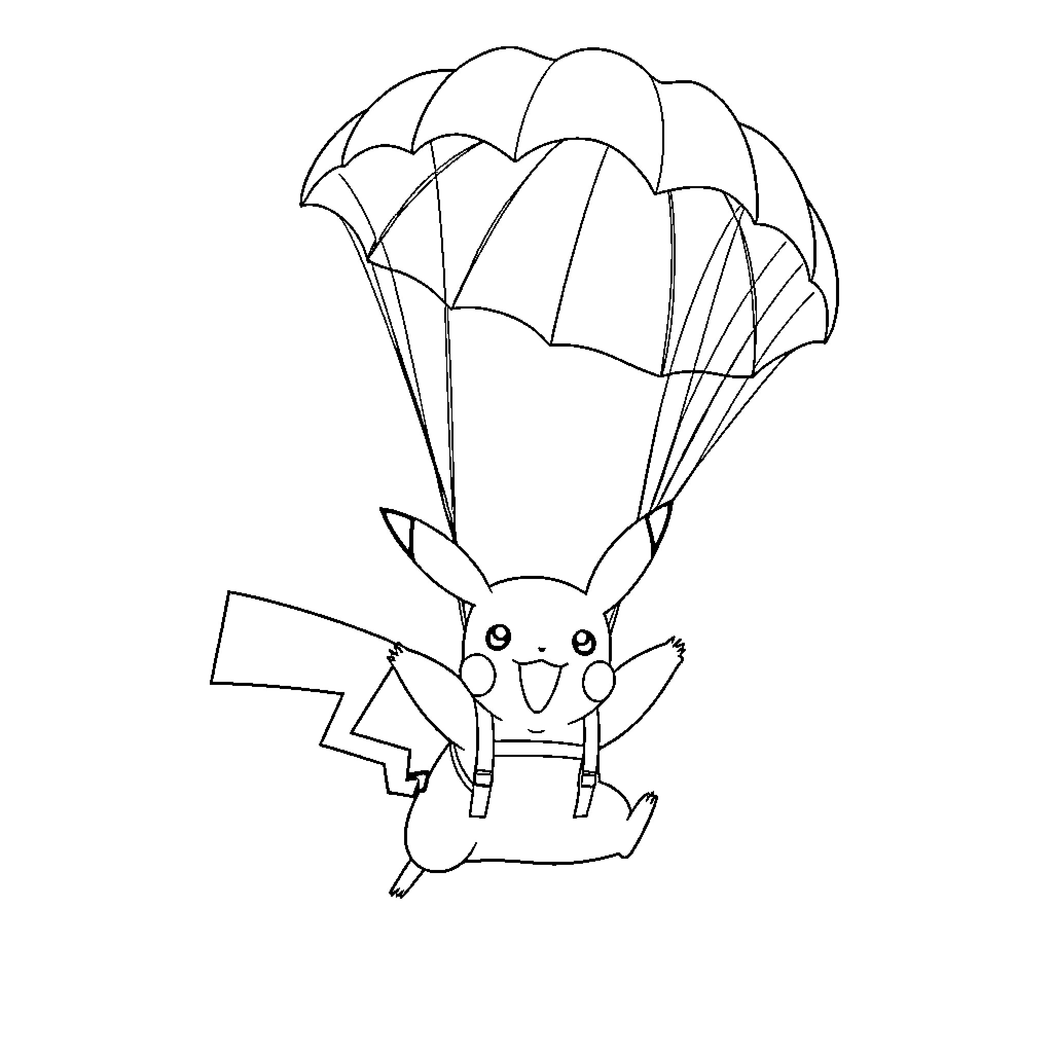 Pikachu skydiving with parachute Coloring Page (free black-and-white line drawing printable PDF for all, from beginners to advanced learners, including children, teens, adults, and seniors)