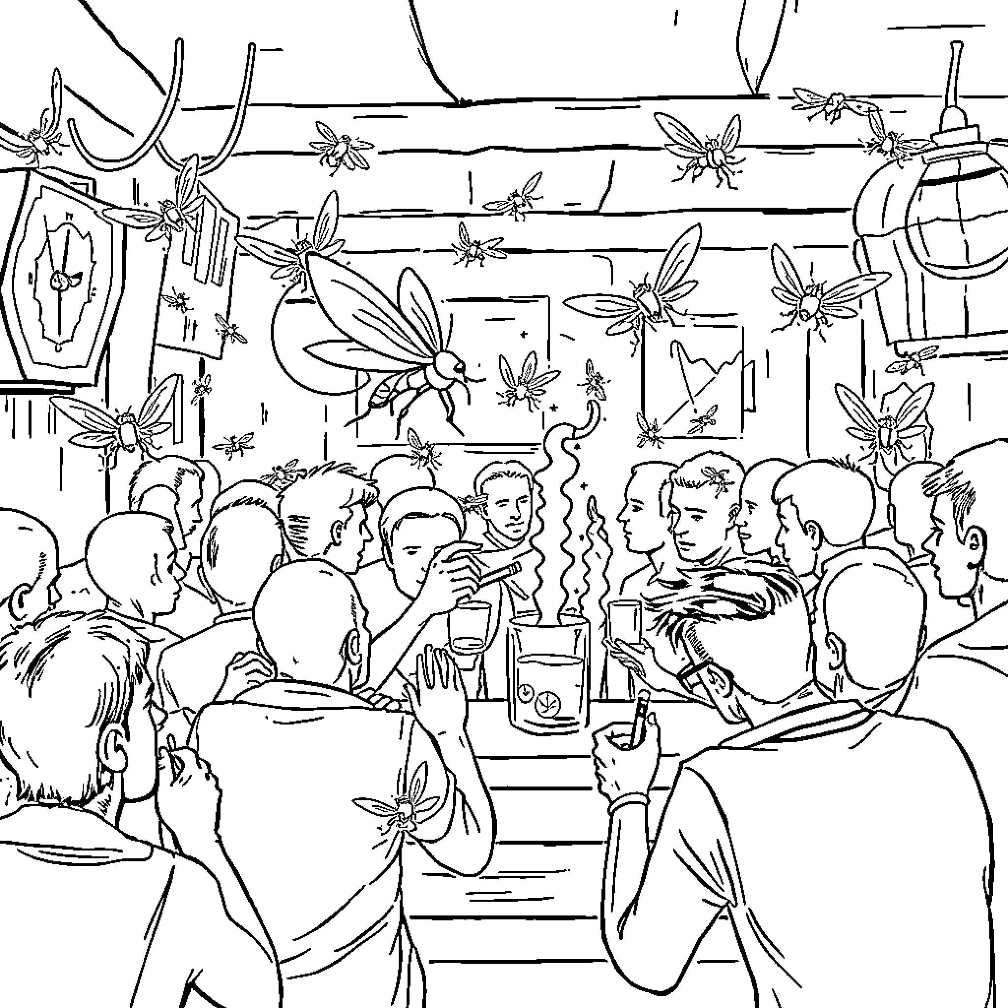 Mosquito Swarm Interrupts Outdoor Gathering Coloring Page (free black-and-white line drawing printable PDF for all, from beginners to advanced learners, including children, teens, adults, and seniors)