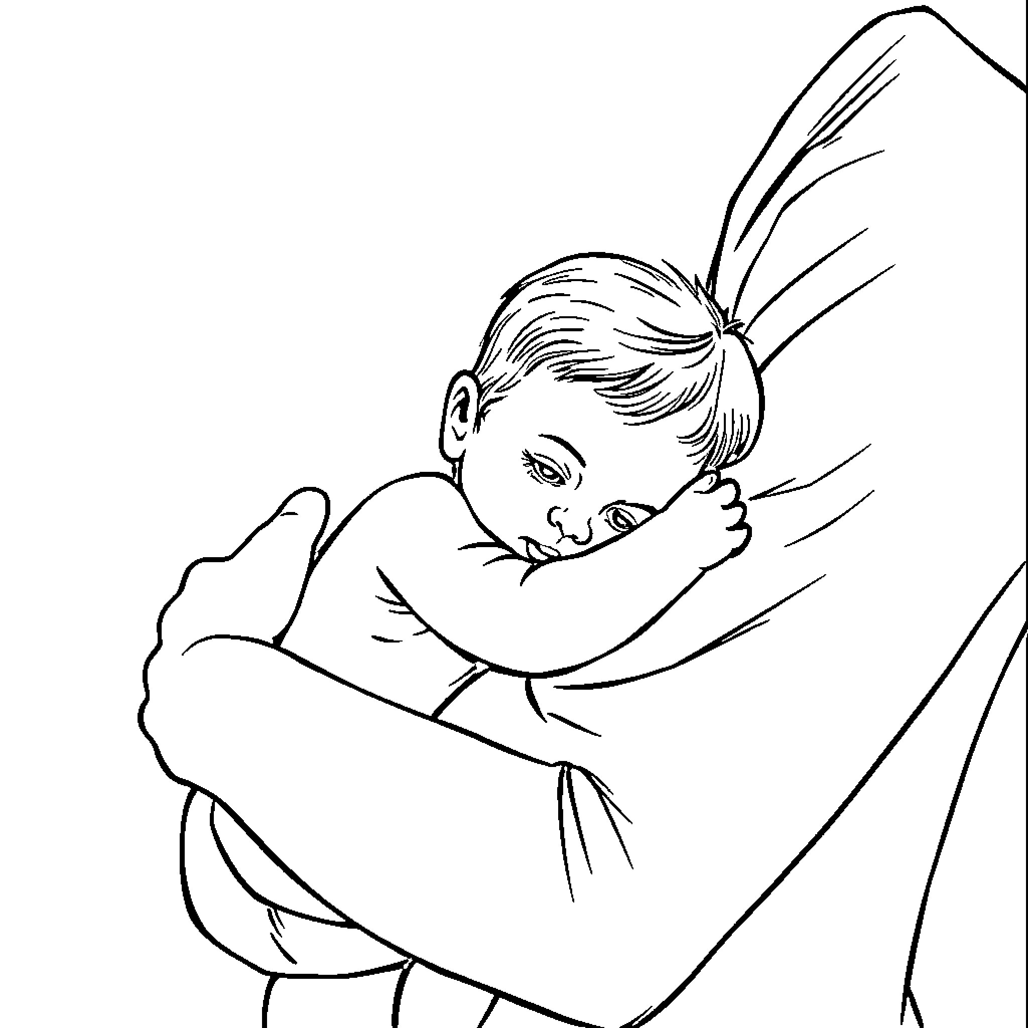 Child cuddling with comfort blanket Coloring Page (free black-and-white line drawing printable PDF for all, from beginners to advanced learners, including children, teens, adults, and seniors)