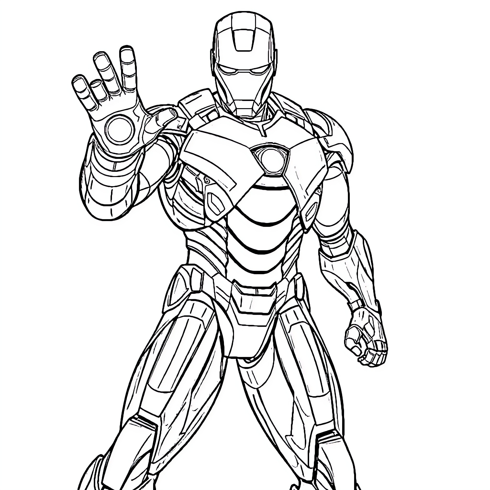 Iron Man in action pose with raised hand Coloring Page (free black-and-white line drawing printable PDF for all, from beginners to advanced learners, including children, teens, adults, and seniors)