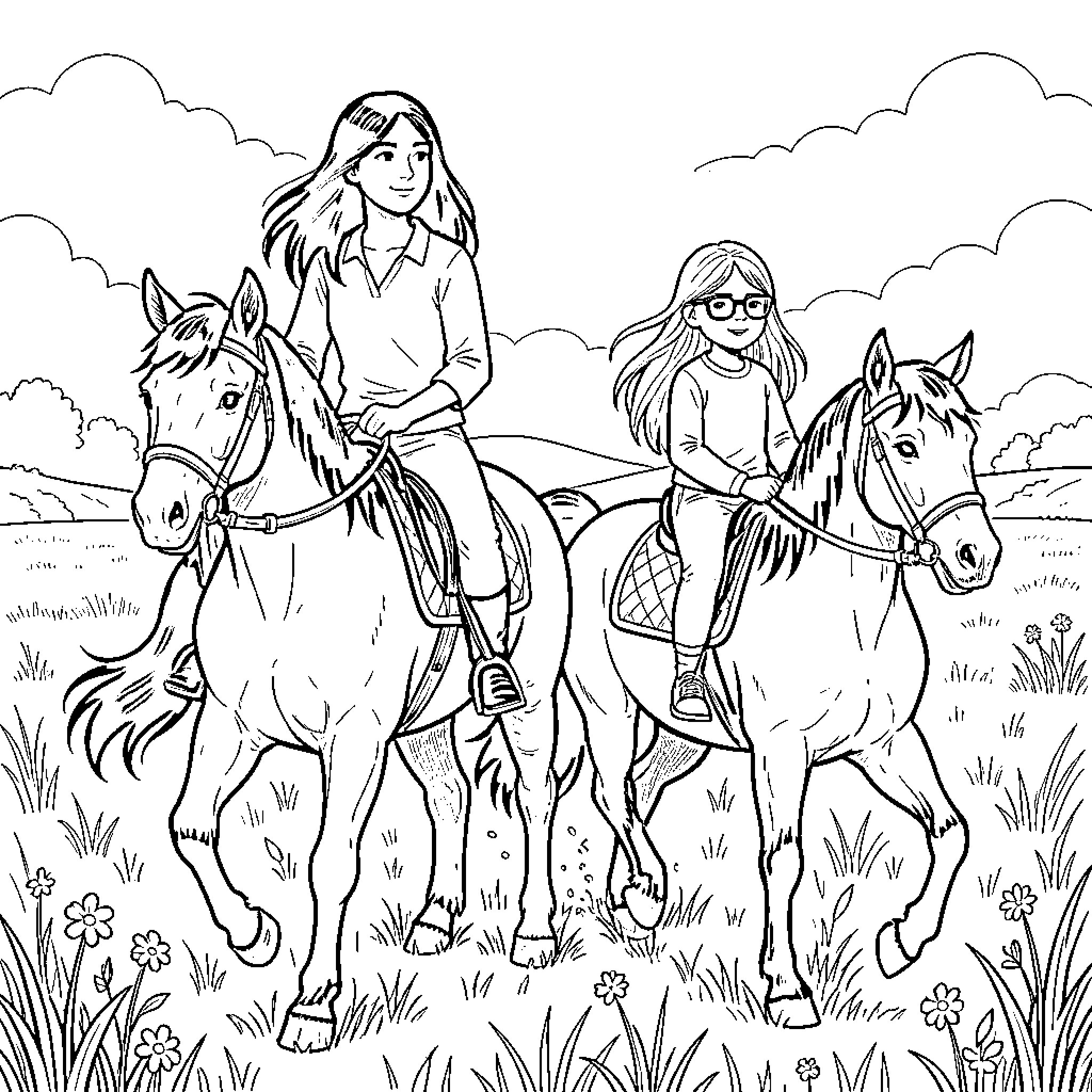Horse riding with two girls in a meadow Coloring Page (free black-and-white line drawing printable PDF for all, from beginners to advanced learners, including children, teens, adults, and seniors)