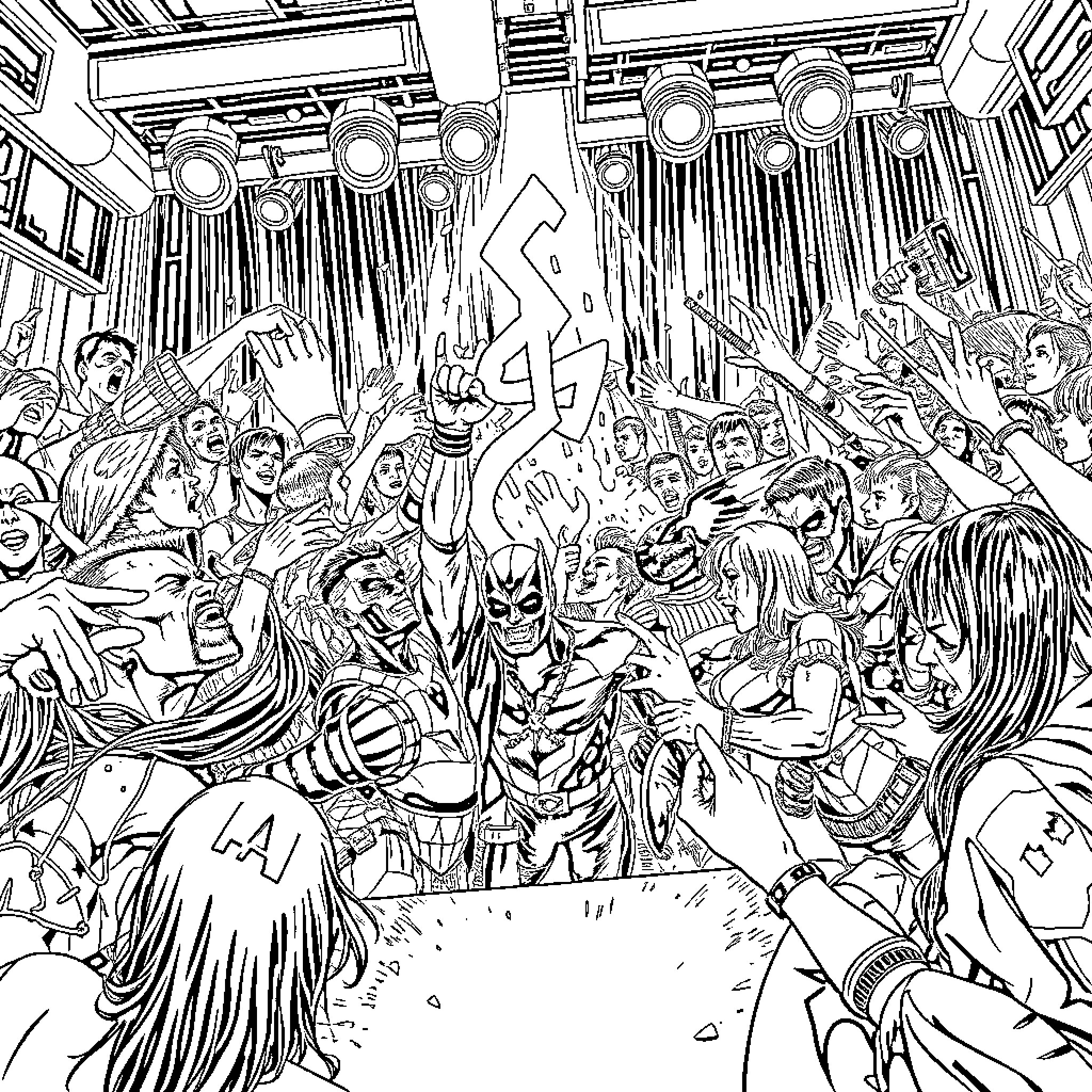 Wall of Chaos and Celebration Coloring Page (free black-and-white line drawing printable PDF for all, from beginners to advanced learners, including children, teens, adults, and seniors)