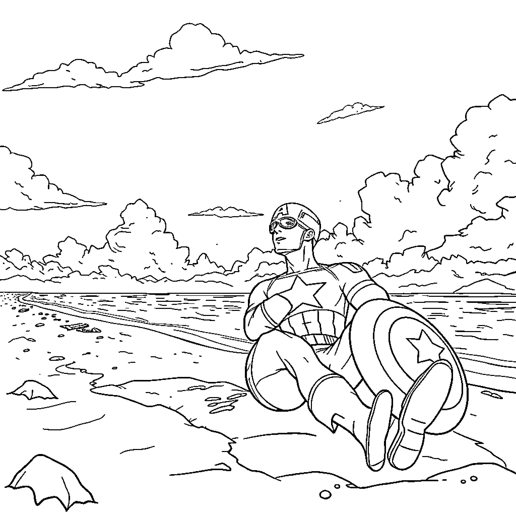 Captain America standing tall on the rocky shore Coloring Page (free black-and-white line drawing printable PDF for all, from beginners to advanced learners, including children, teens, adults, and seniors)