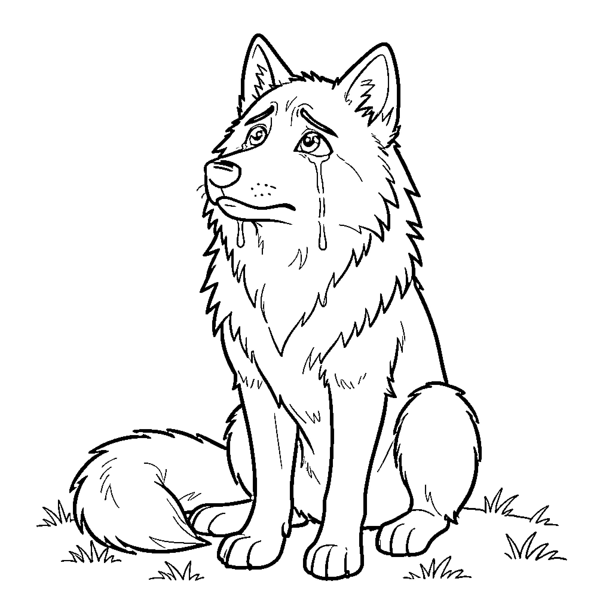 Wolf sitting sadly with tears in its eyes Coloring Page (free black-and-white line drawing printable PDF for all, from beginners to advanced learners, including children, teens, adults, and seniors)