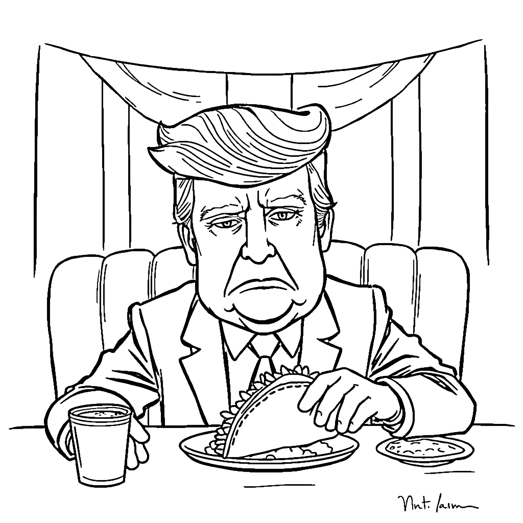 Donald Trump Eating at a Political Dinner Coloring Page (free black-and-white line drawing printable PDF for all, from beginners to advanced learners, including children, teens, adults, and seniors)