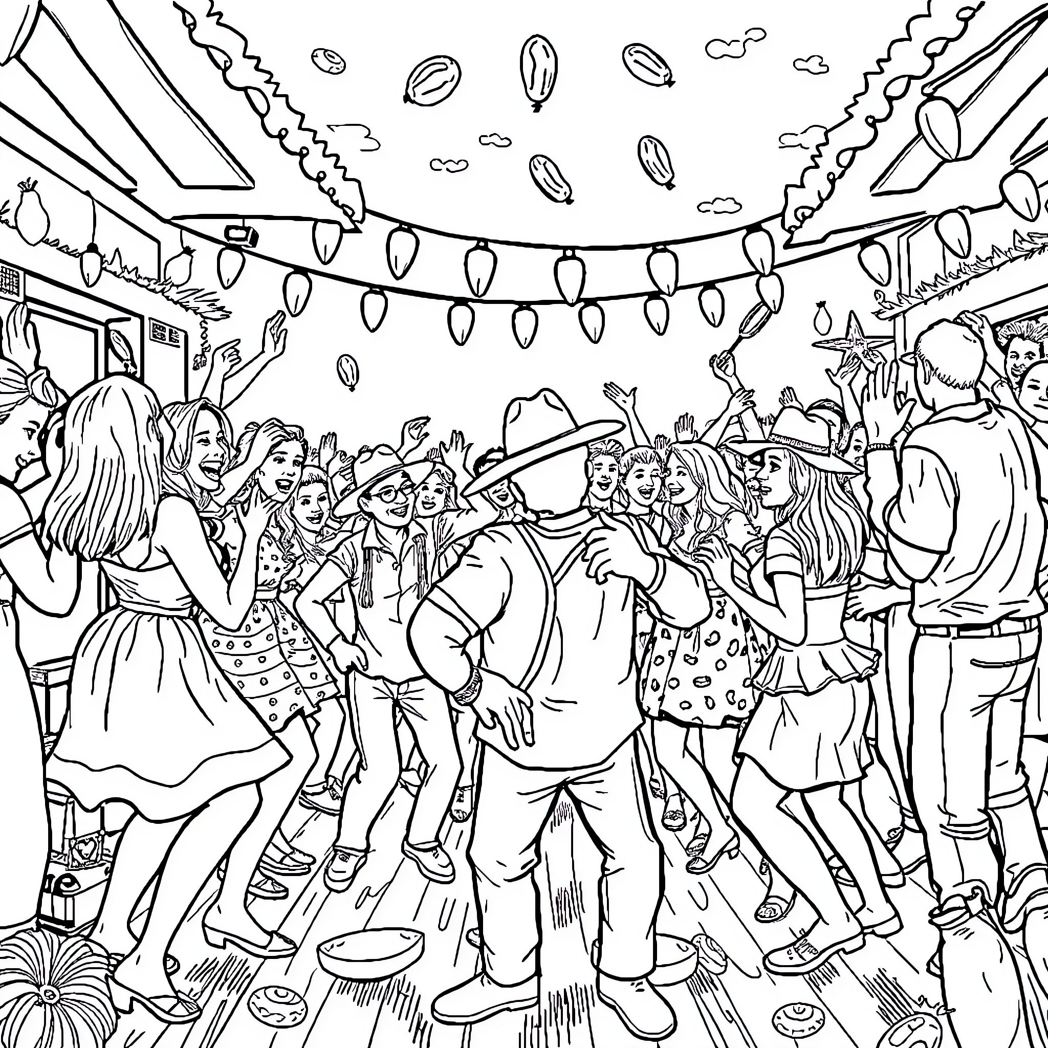 Pickle Festival Celebration with Festive Crowd Coloring Page (free black-and-white line drawing printable PDF for all, from beginners to advanced learners, including children, teens, adults, and seniors)