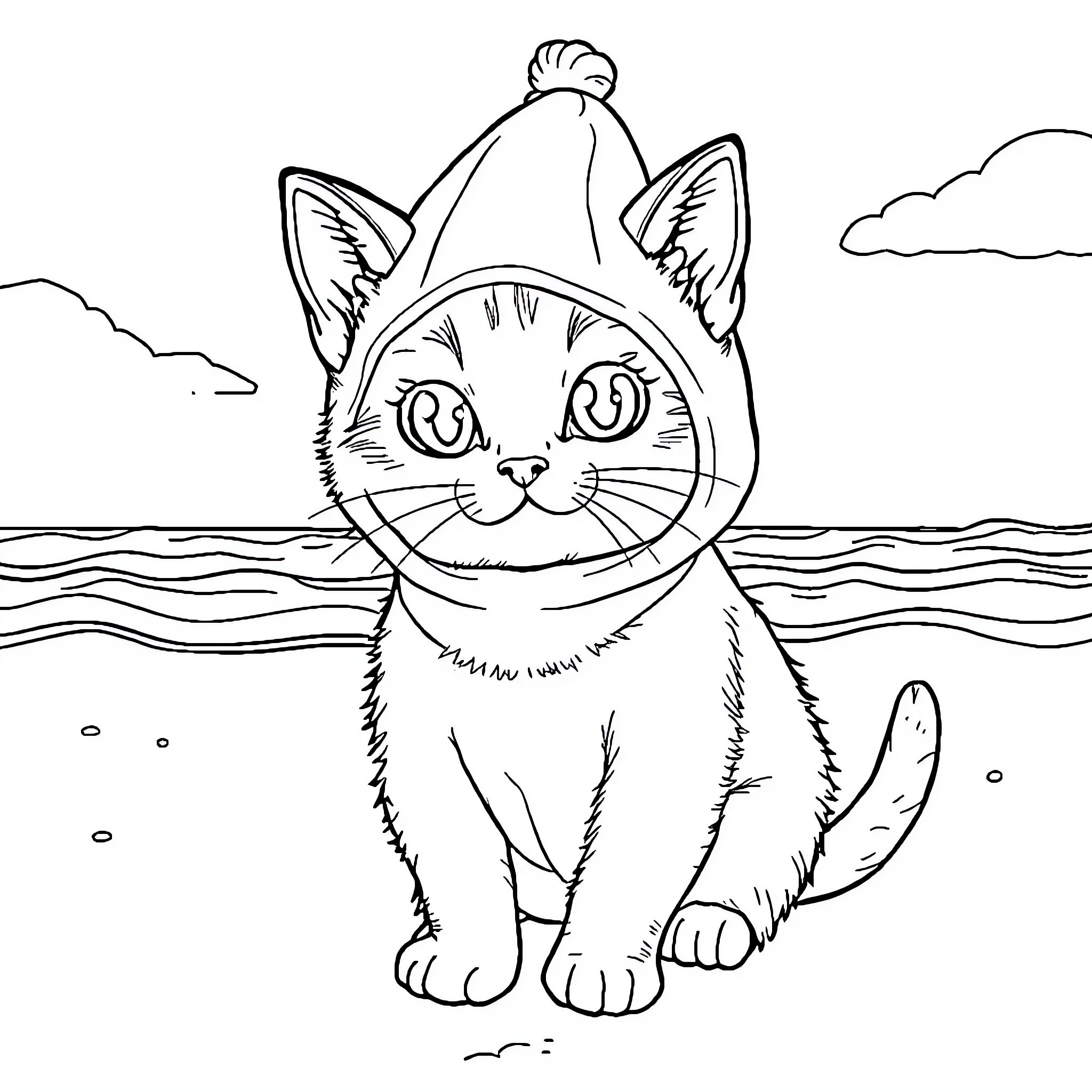 Cat wearing winter hat by the ocean Coloring Page (free black-and-white line drawing printable PDF for all, from beginners to advanced learners, including children, teens, adults, and seniors)