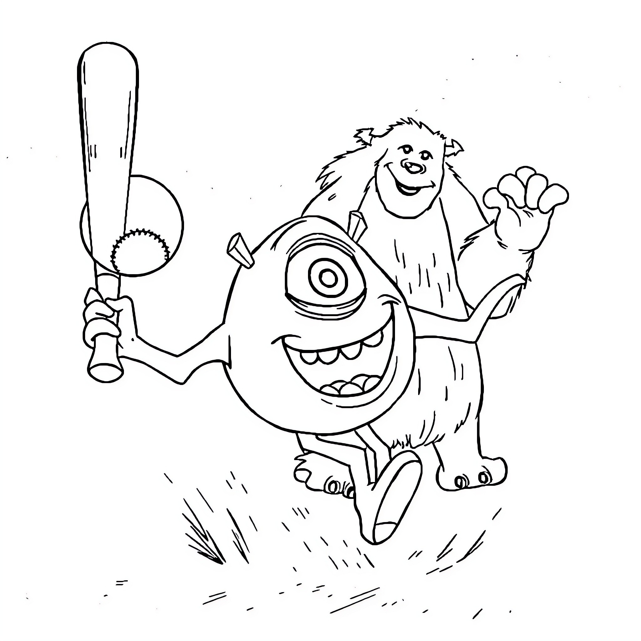 Mike Wazowski playing baseball with enthusiasm Coloring Page (free black-and-white line drawing printable PDF for all, from beginners to advanced learners, including children, teens, adults, and seniors)