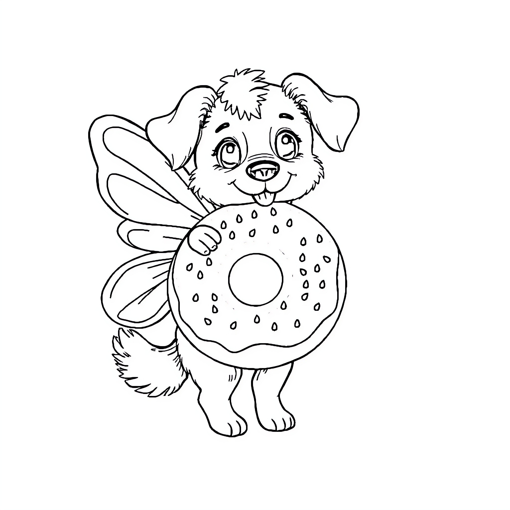 Dog playing with a doughnut-shaped toy Coloring Page (free black-and-white line drawing printable PDF for all, from beginners to advanced learners, including children, teens, adults, and seniors)