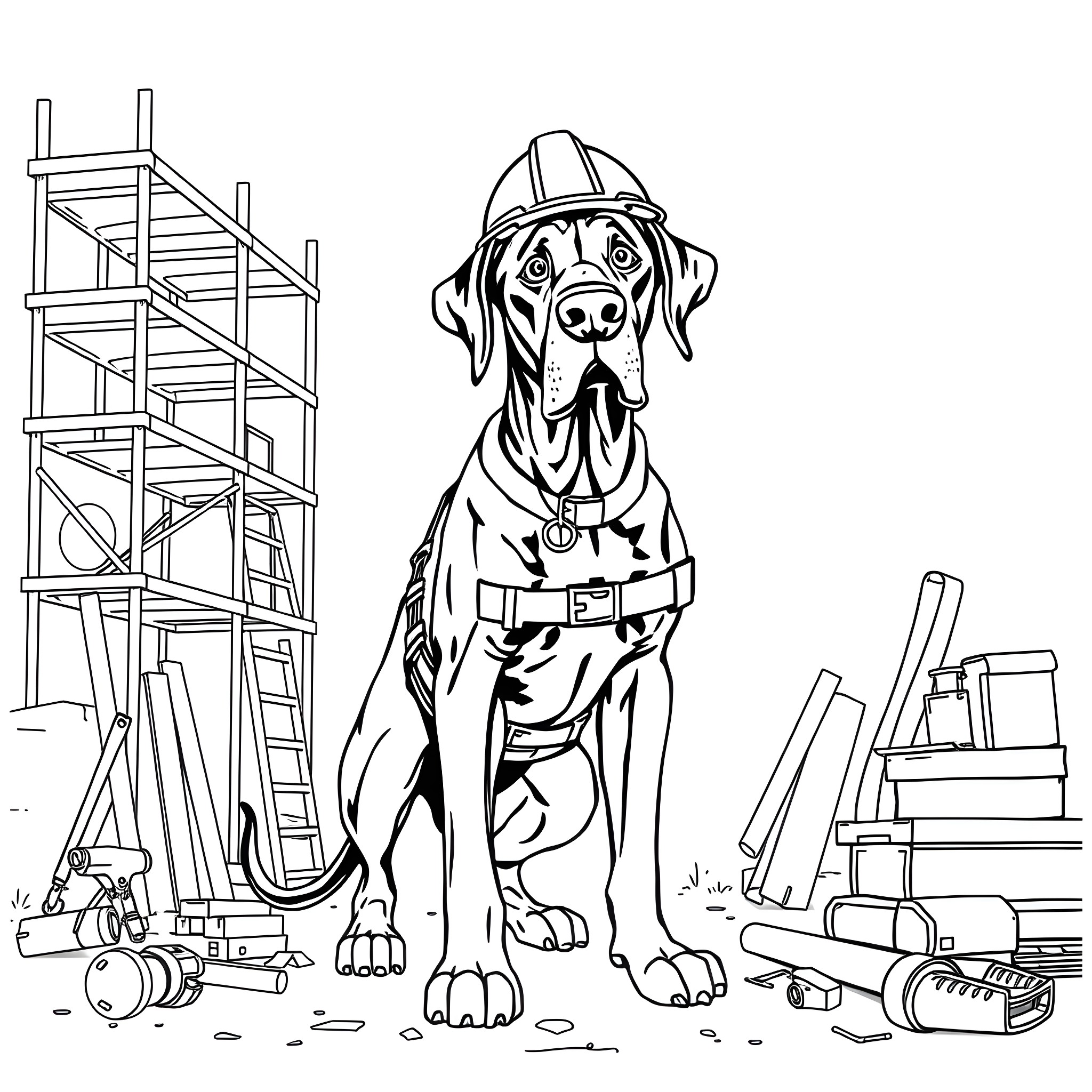 Great Dane Construction Worker on the Job Site Coloring Page (free black-and-white line drawing printable PDF for all, from beginners to advanced learners, including children, teens, adults, and seniors)