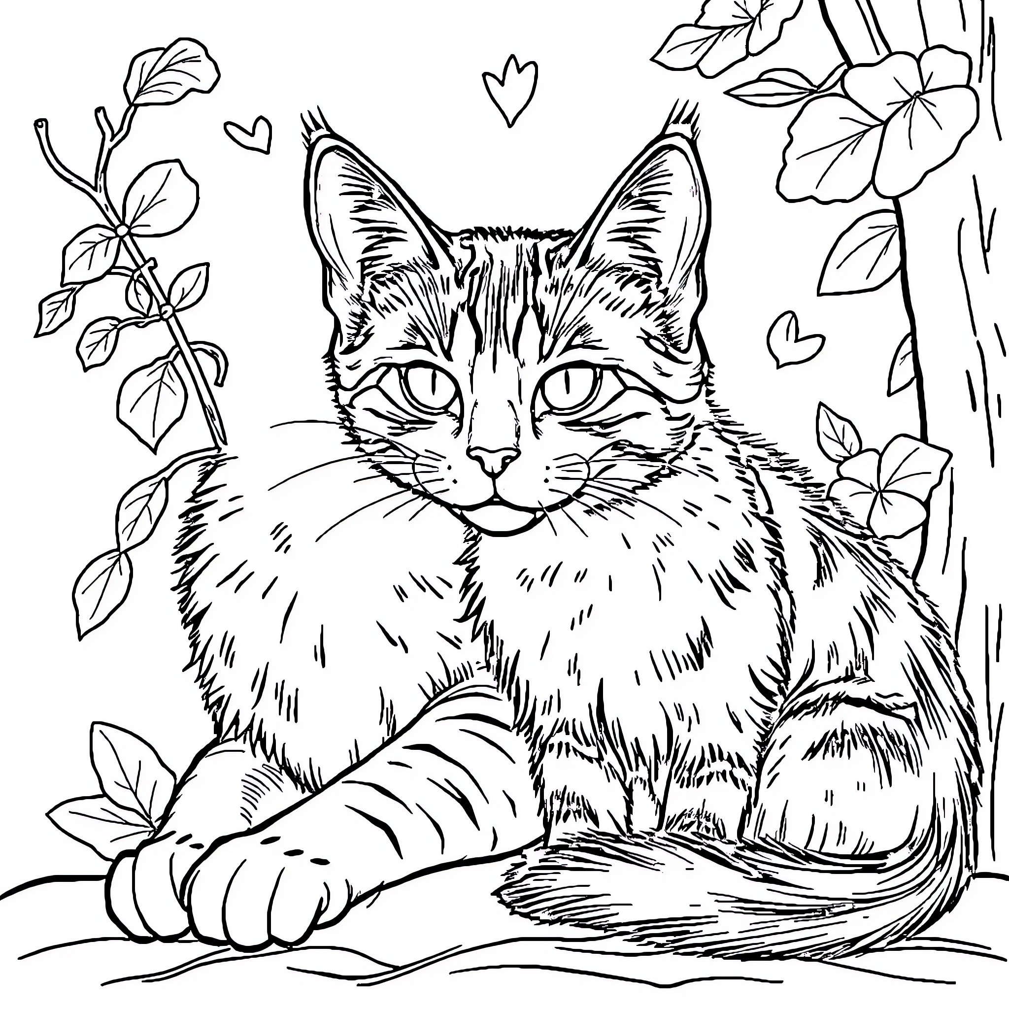 Pet cat relaxing among flowers Coloring Page (free black-and-white line drawing printable PDF for all, from beginners to advanced learners, including children, teens, adults, and seniors)