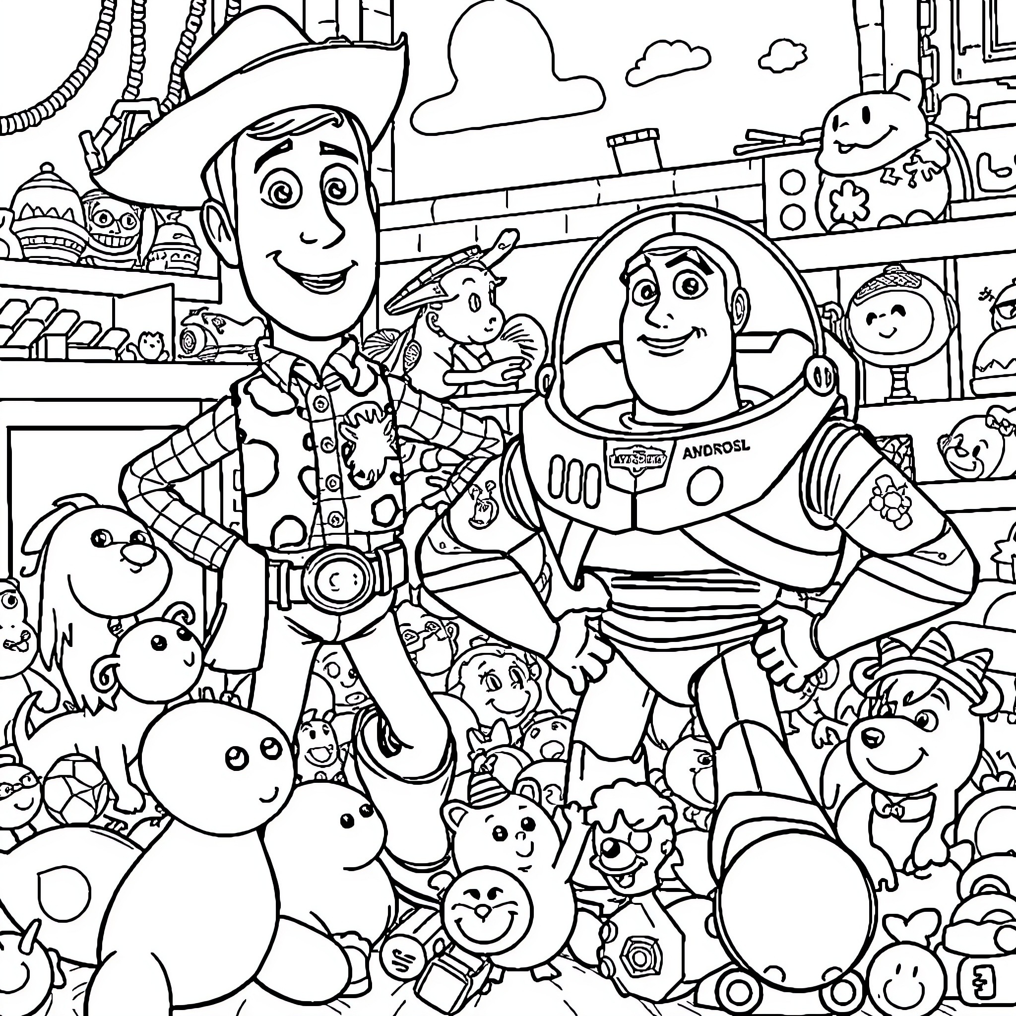 Toy Story Characters in a Playful Adventure Coloring Page (free black-and-white line drawing printable PDF for all, from beginners to advanced learners, including children, teens, adults, and seniors)
