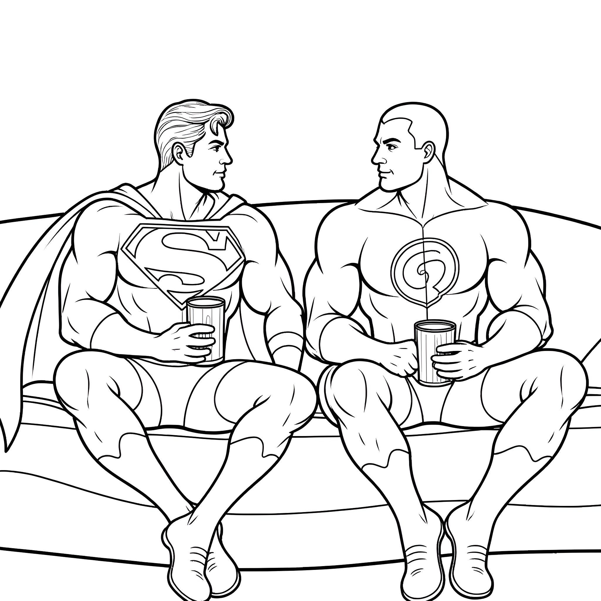 Superman and Superhero Relaxing and Conversing Coloring Page (free black-and-white line drawing printable PDF for all, from beginners to advanced learners, including children, teens, adults, and seniors)