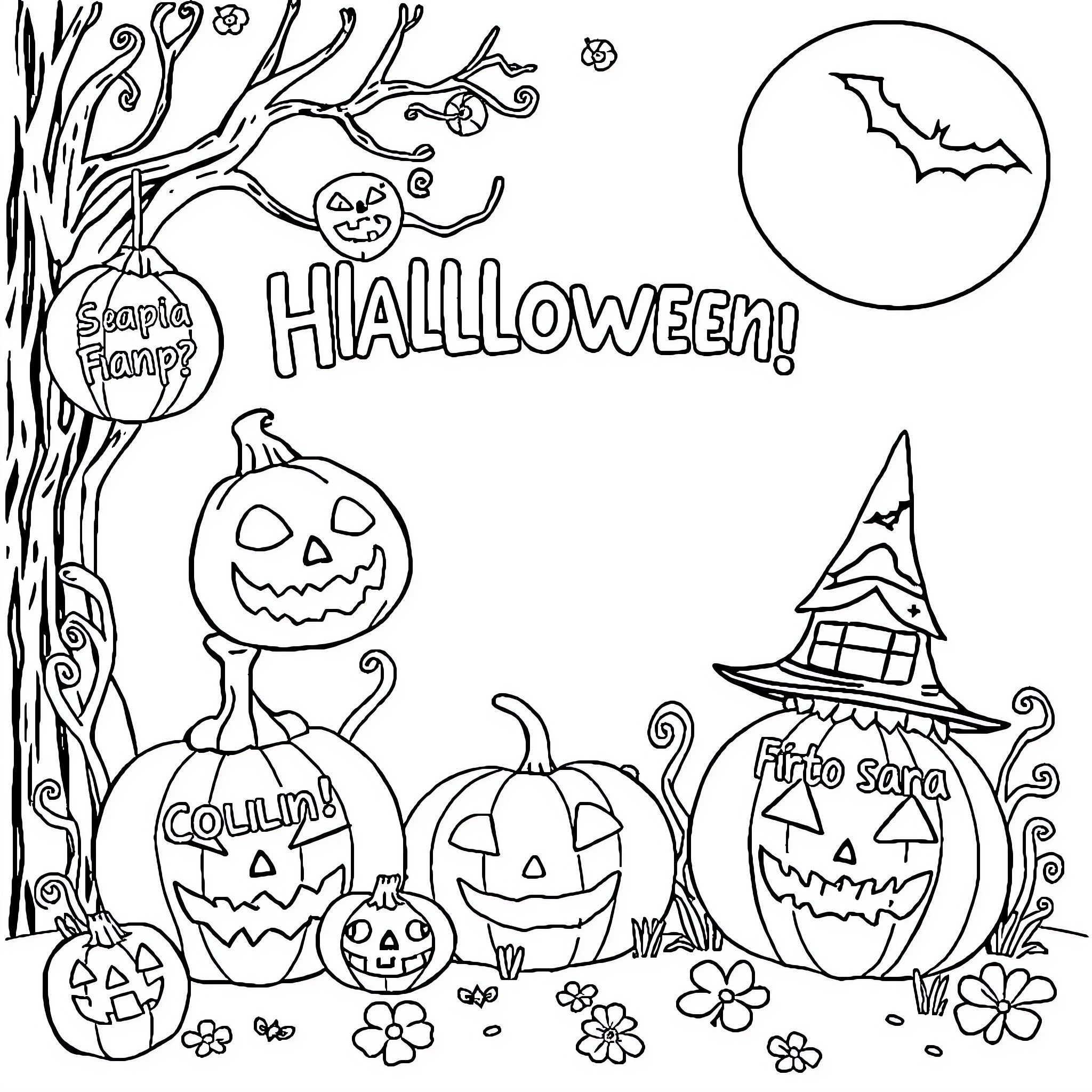 Spanish Phrase: Spooky Pumpkin Scene with Halloween Decorations Coloring Page (free black-and-white line drawing printable PDF for all, from beginners to advanced learners, including children, teens, adults, and seniors)