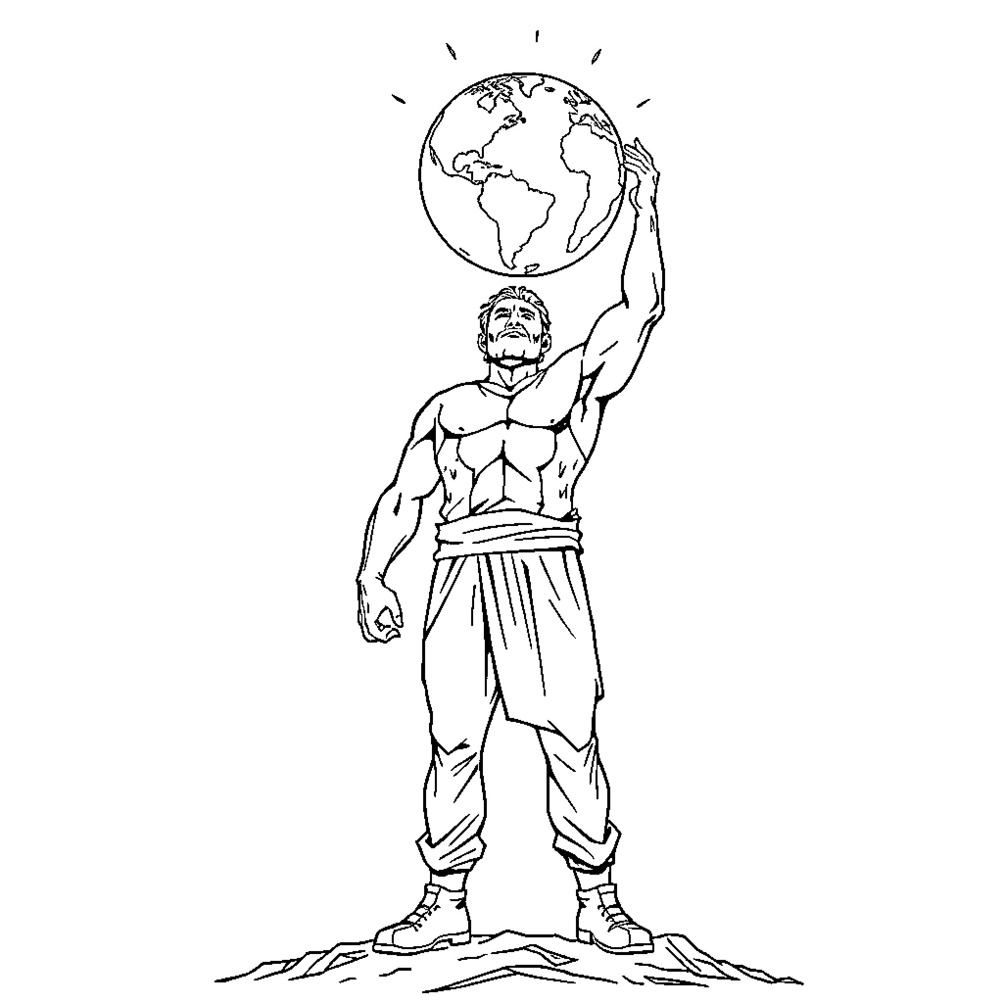 Man holding the world with strength and determination Coloring Page (free black-and-white line drawing printable PDF for all, from beginners to advanced learners, including children, teens, adults, and seniors)