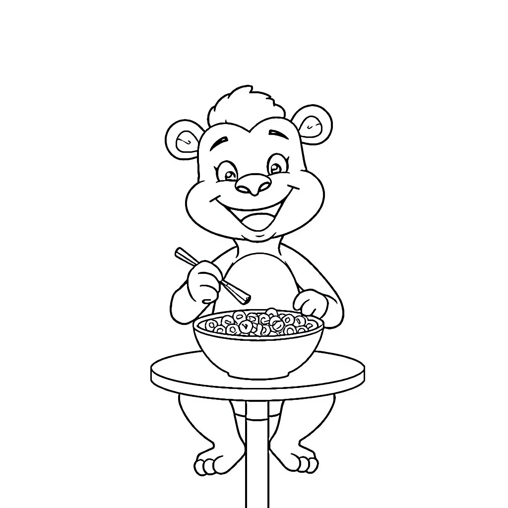Labubu enjoying a bowl of cereal Coloring Page (free black-and-white line drawing printable PDF for all, from beginners to advanced learners, including children, teens, adults, and seniors)