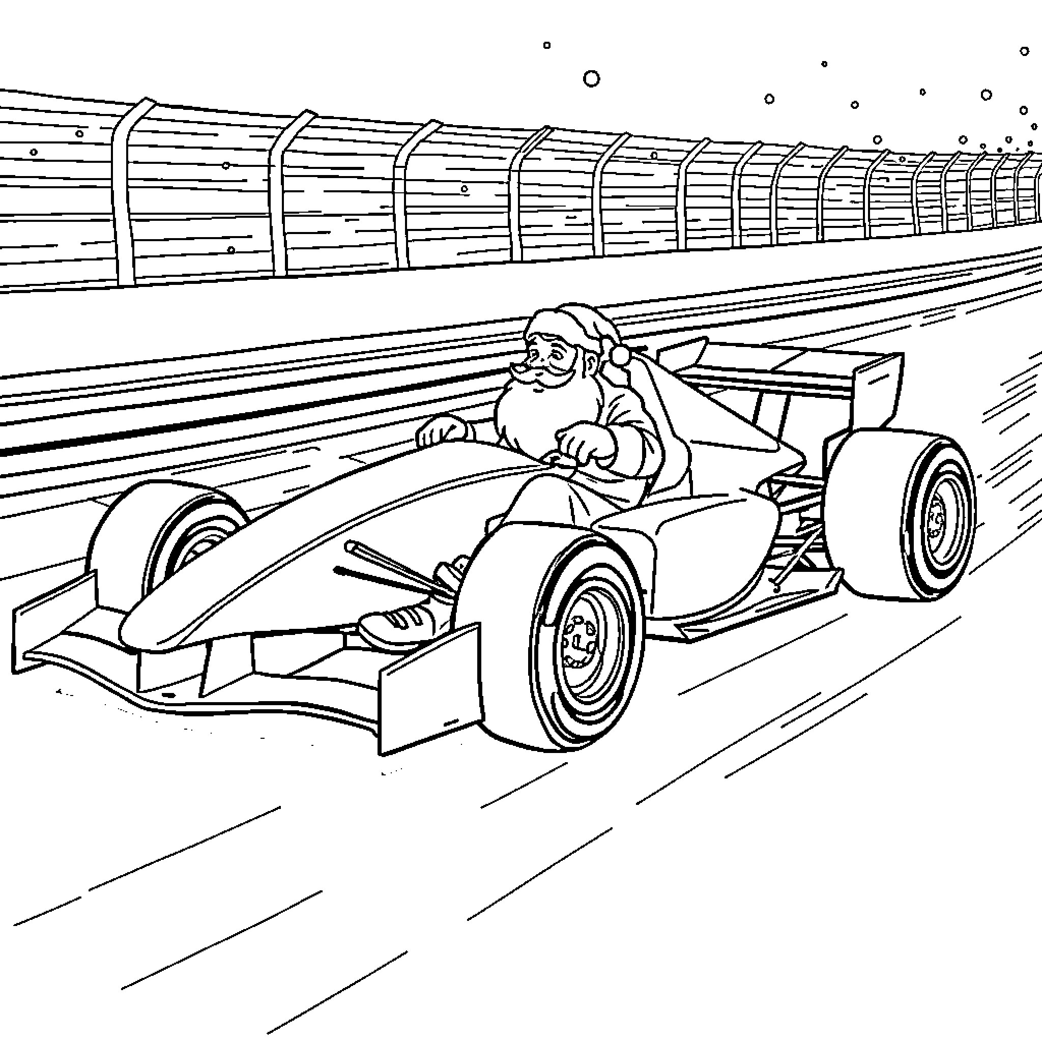 Santa racing in a Formula One car Coloring Page (free black-and-white line drawing printable PDF for all, from beginners to advanced learners, including children, teens, adults, and seniors)