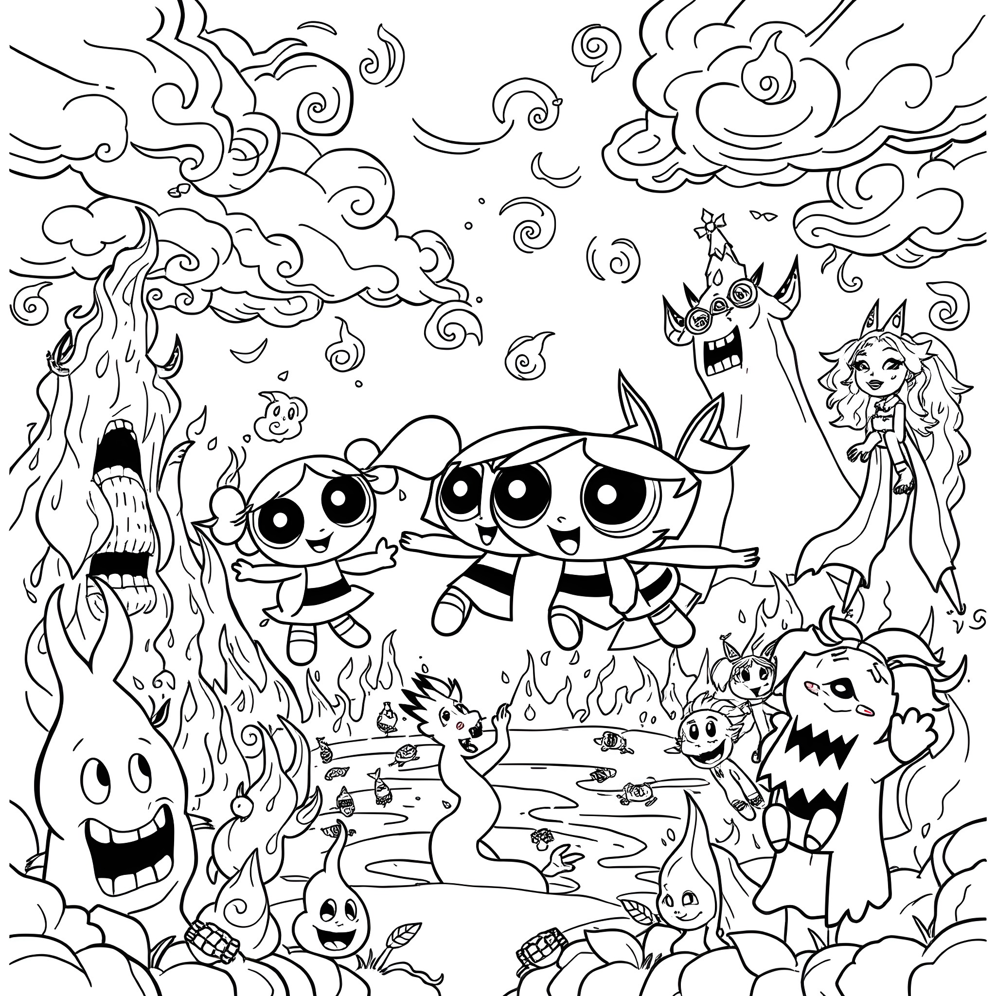 Powerpuff Girls' Spooky Supernatural Adventure Coloring Page (free black-and-white line drawing printable PDF for all, from beginners to advanced learners, including children, teens, adults, and seniors)