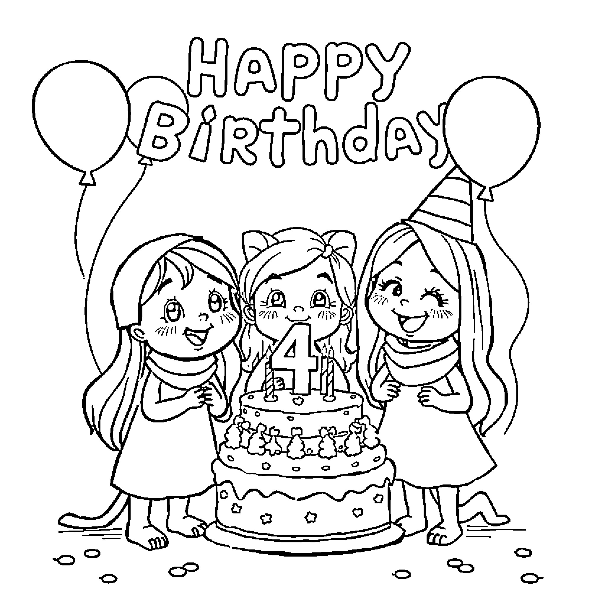 Bluey's Joyful Birthday Celebration Coloring Page (free black-and-white line drawing printable PDF for all, from beginners to advanced learners, including children, teens, adults, and seniors)