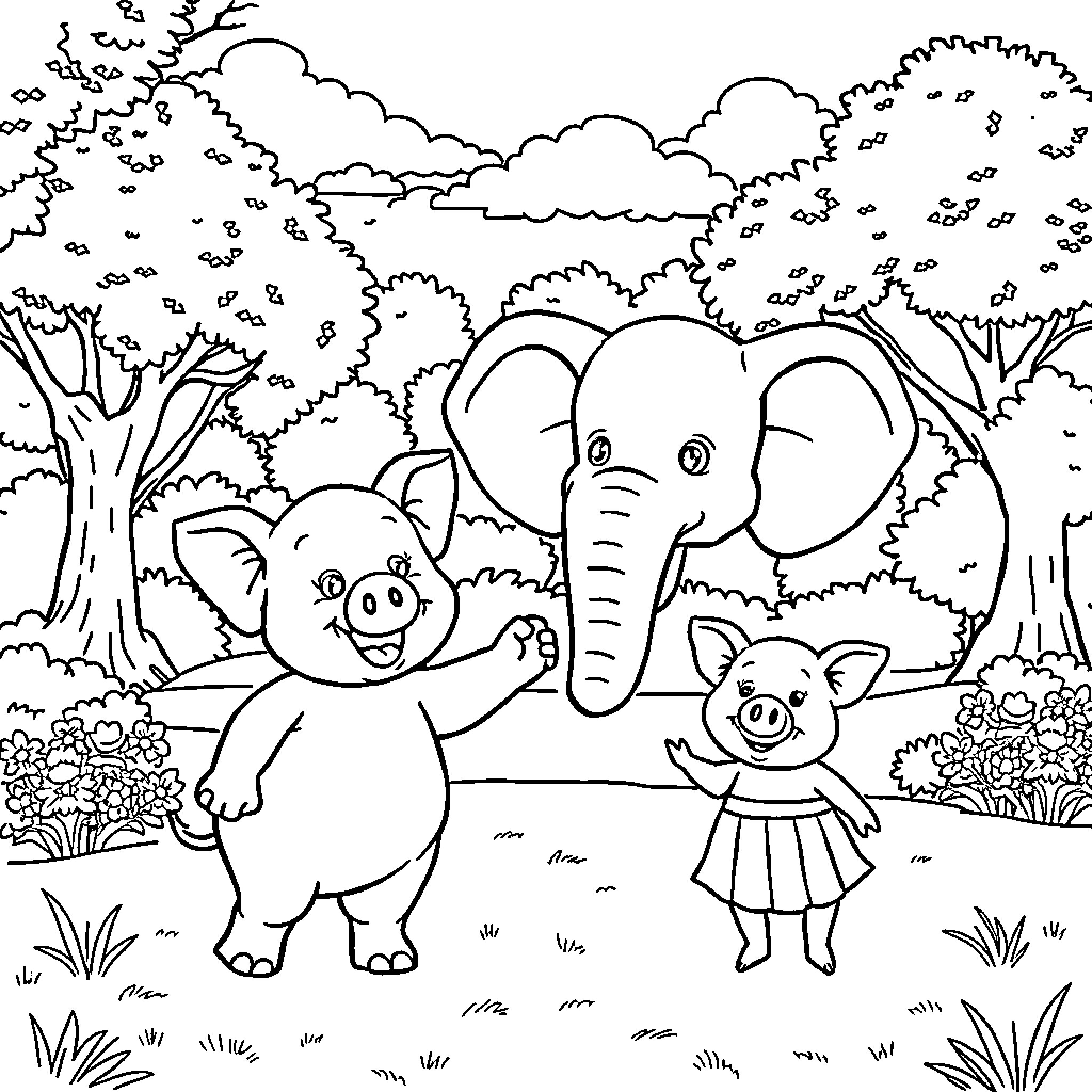 Elephant, Pig, and Fox in Cartoon Forest Landscape Coloring Page (free black-and-white line drawing printable PDF for all, from beginners to advanced learners, including children, teens, adults, and seniors)