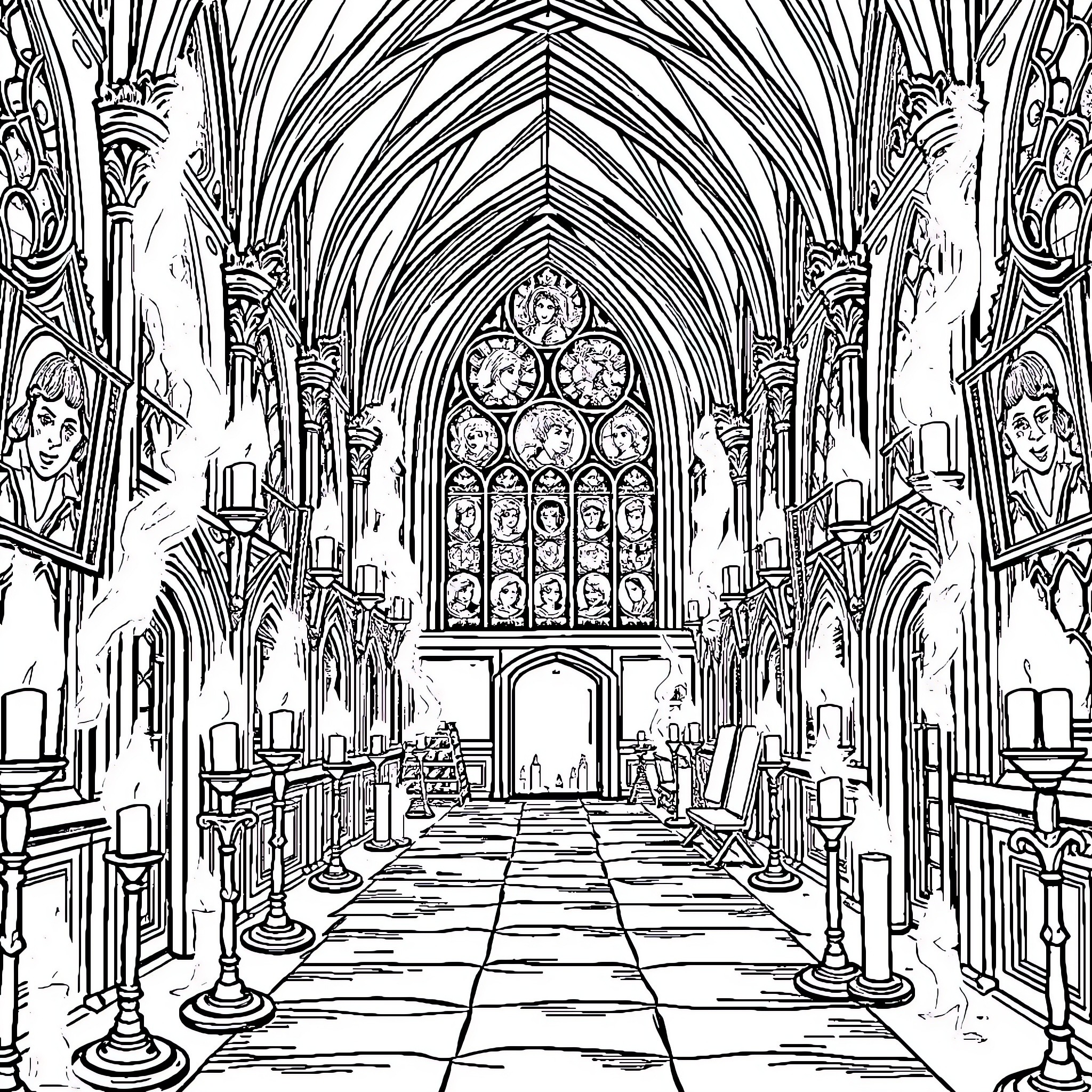 Bluey explores the grand cathedral interior Coloring Page (free black-and-white line drawing printable PDF for all, from beginners to advanced learners, including children, teens, adults, and seniors)
