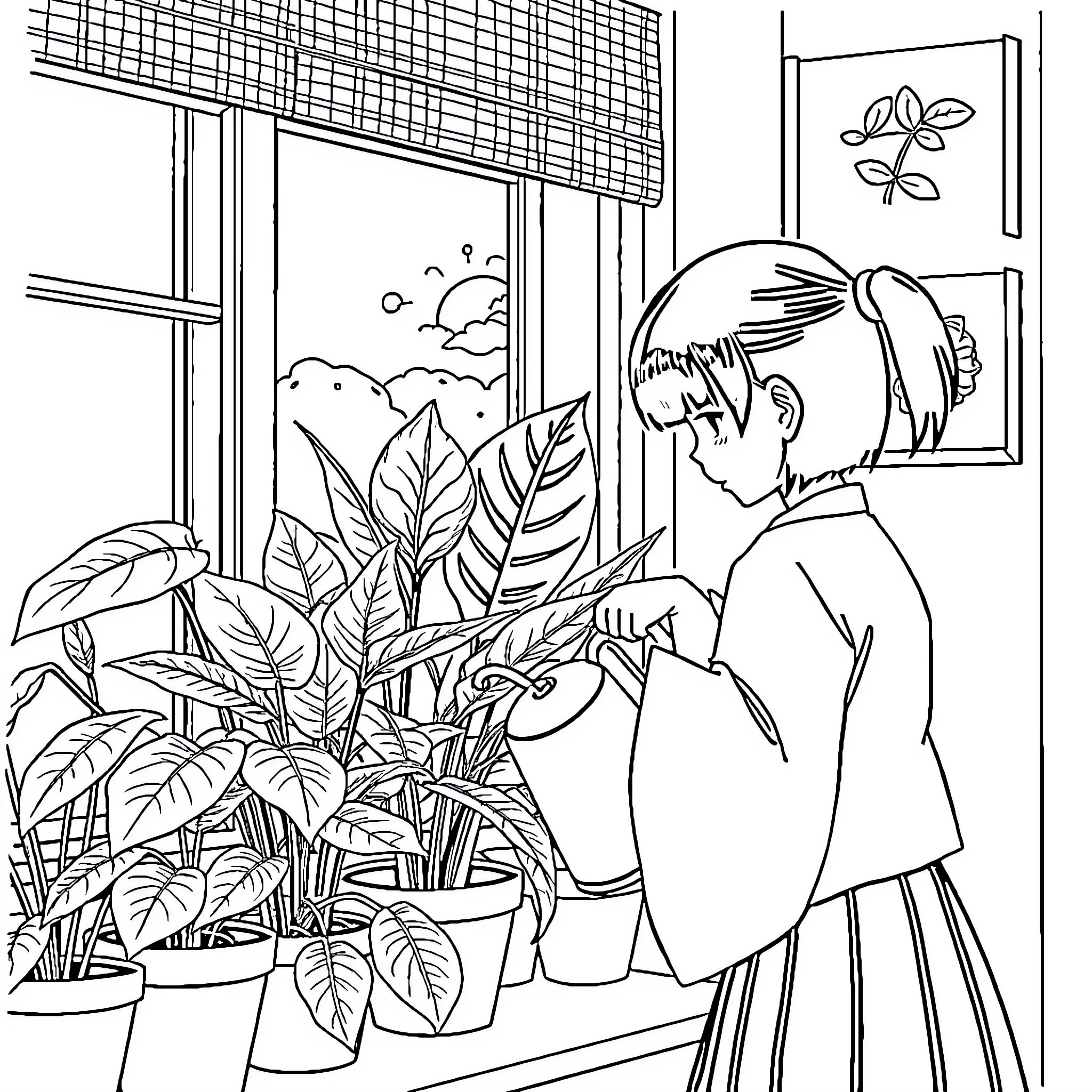 Sukuna's Serene Garden View Coloring Page (free black-and-white line drawing printable PDF for all, from beginners to advanced learners, including children, teens, adults, and seniors)