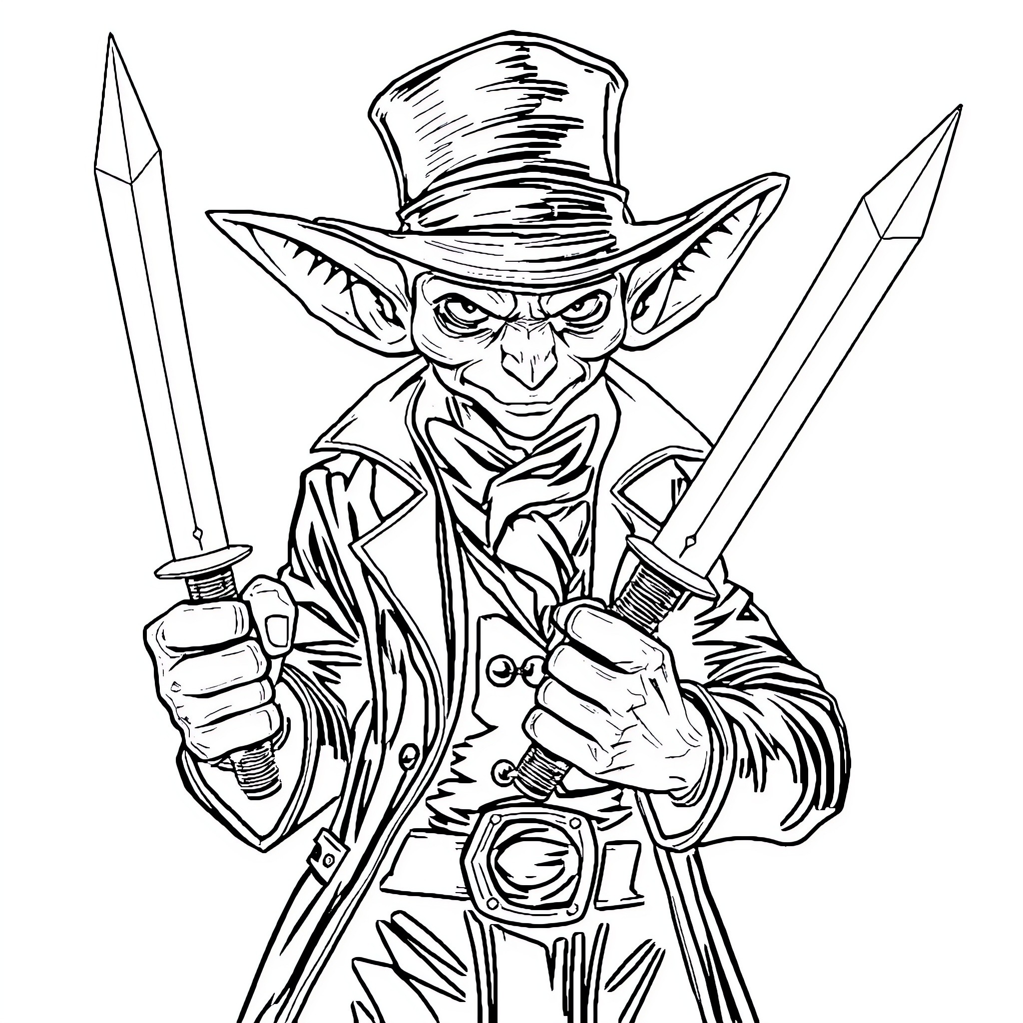 Tiefling Swordsman with Menacing Gaze Coloring Page (free black-and-white line drawing printable PDF for all, from beginners to advanced learners, including children, teens, adults, and seniors)