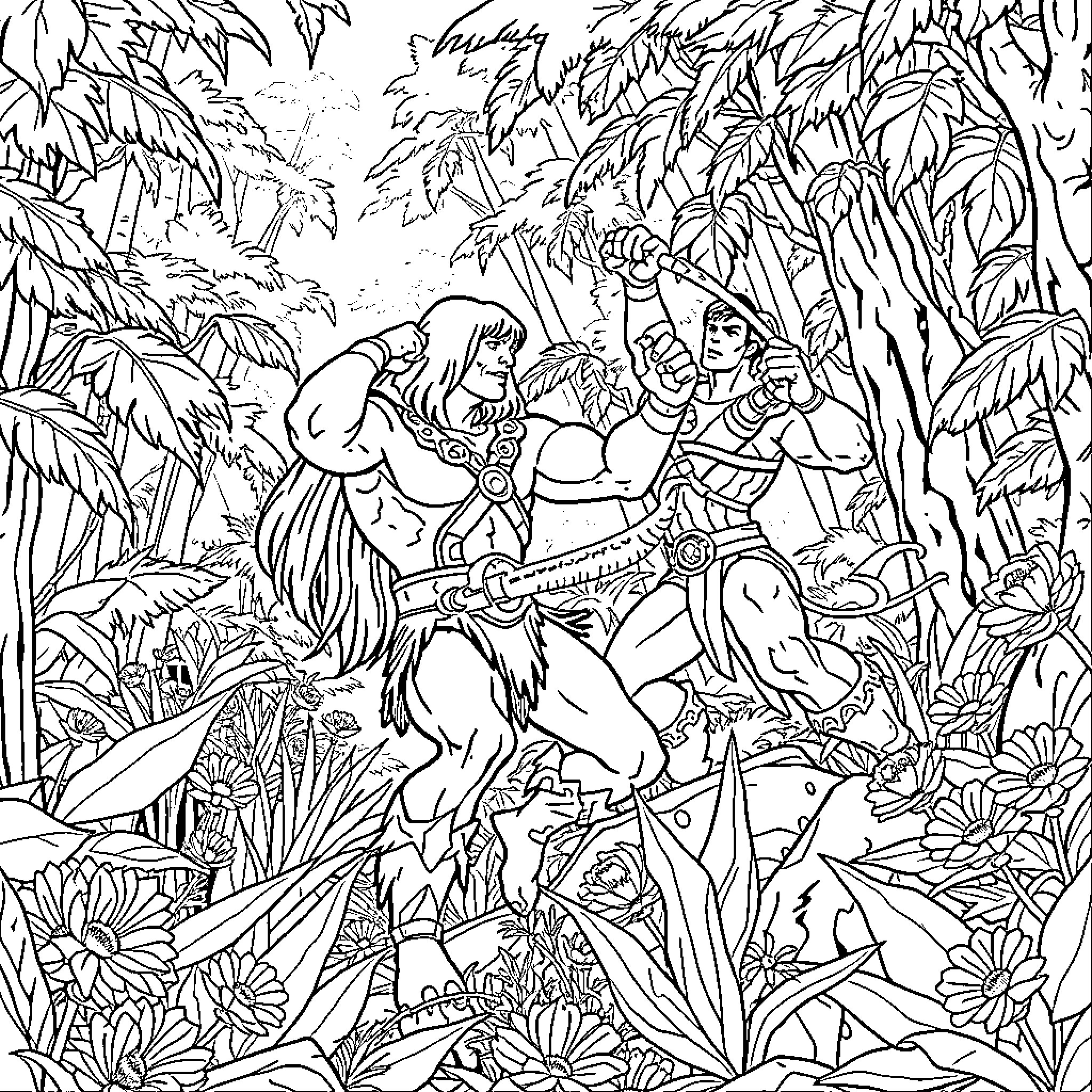 He-Man and the Heroes in the Lush Jungle Coloring Page (free black-and-white line drawing printable PDF for all, from beginners to advanced learners, including children, teens, adults, and seniors)